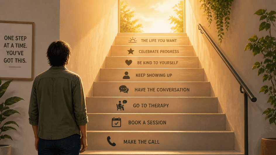 a person climbing stairs representing steps to take after learning about ptsd
