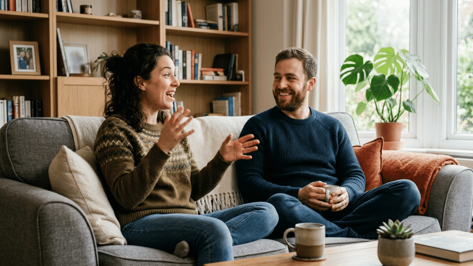 a couple sitting on a sofa comfortably while the woman talks moving her hands showing adhd stimming and the man listens with a smile