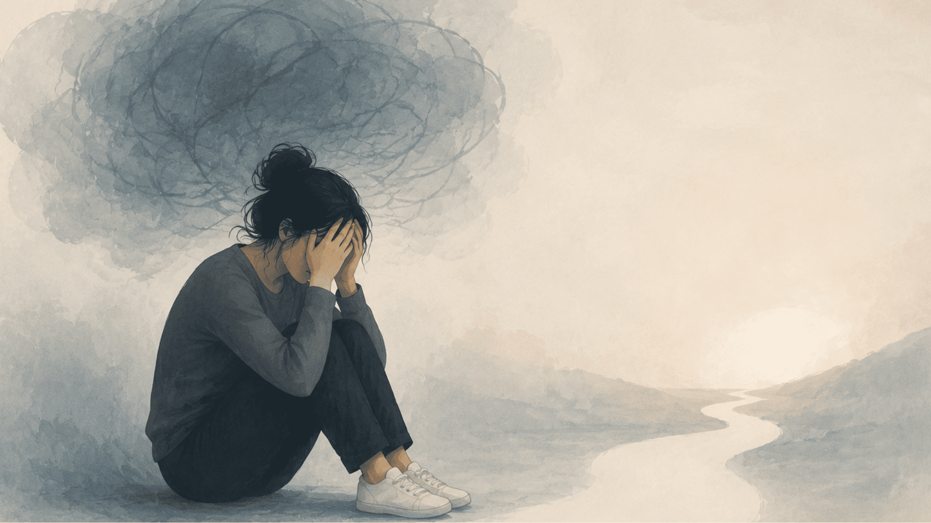 person feeling overwhelmed with anxious thoughts shown through a minimal abstract illustration