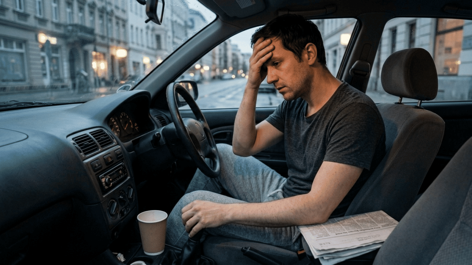 man sitting in car holding his head feeling dizzy from anxiety