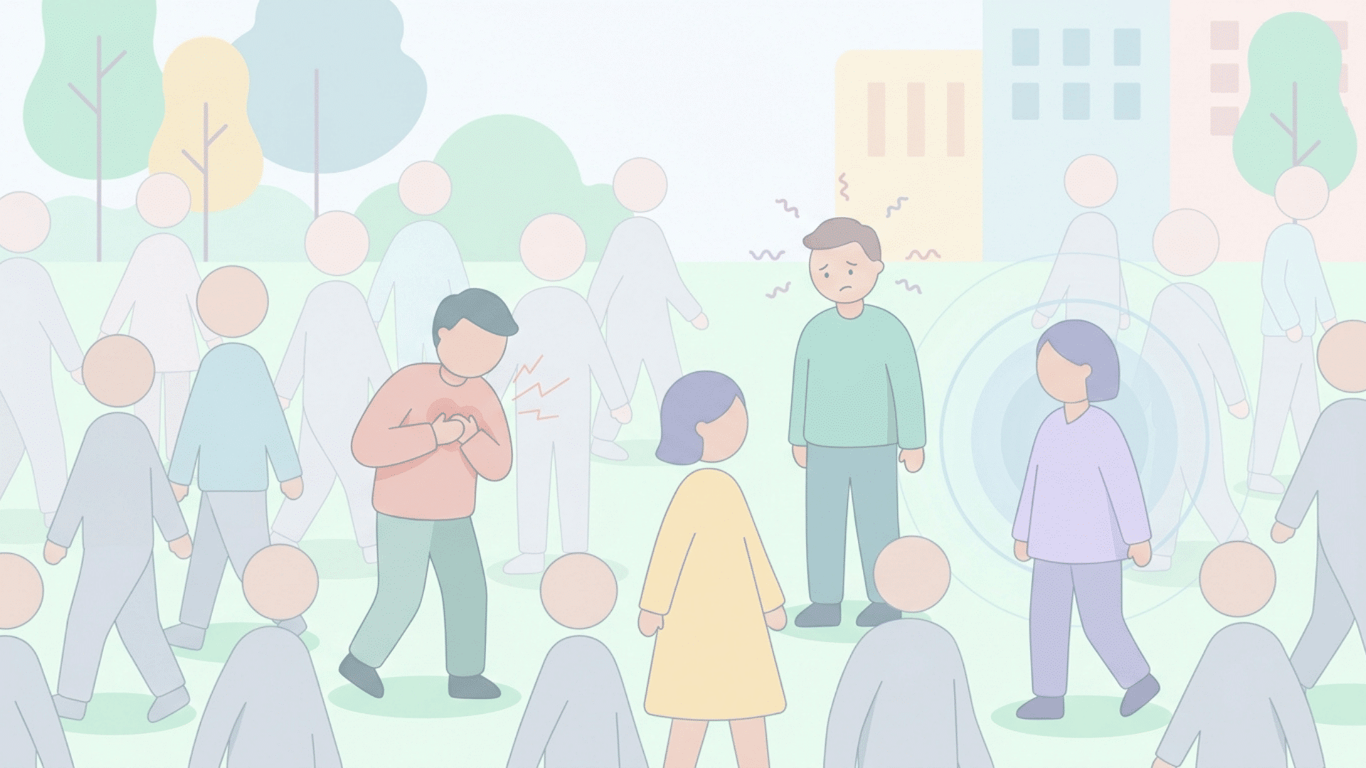 illustration of anxious people showing physical symptoms of stress and anxiety while walking through a busy crowd