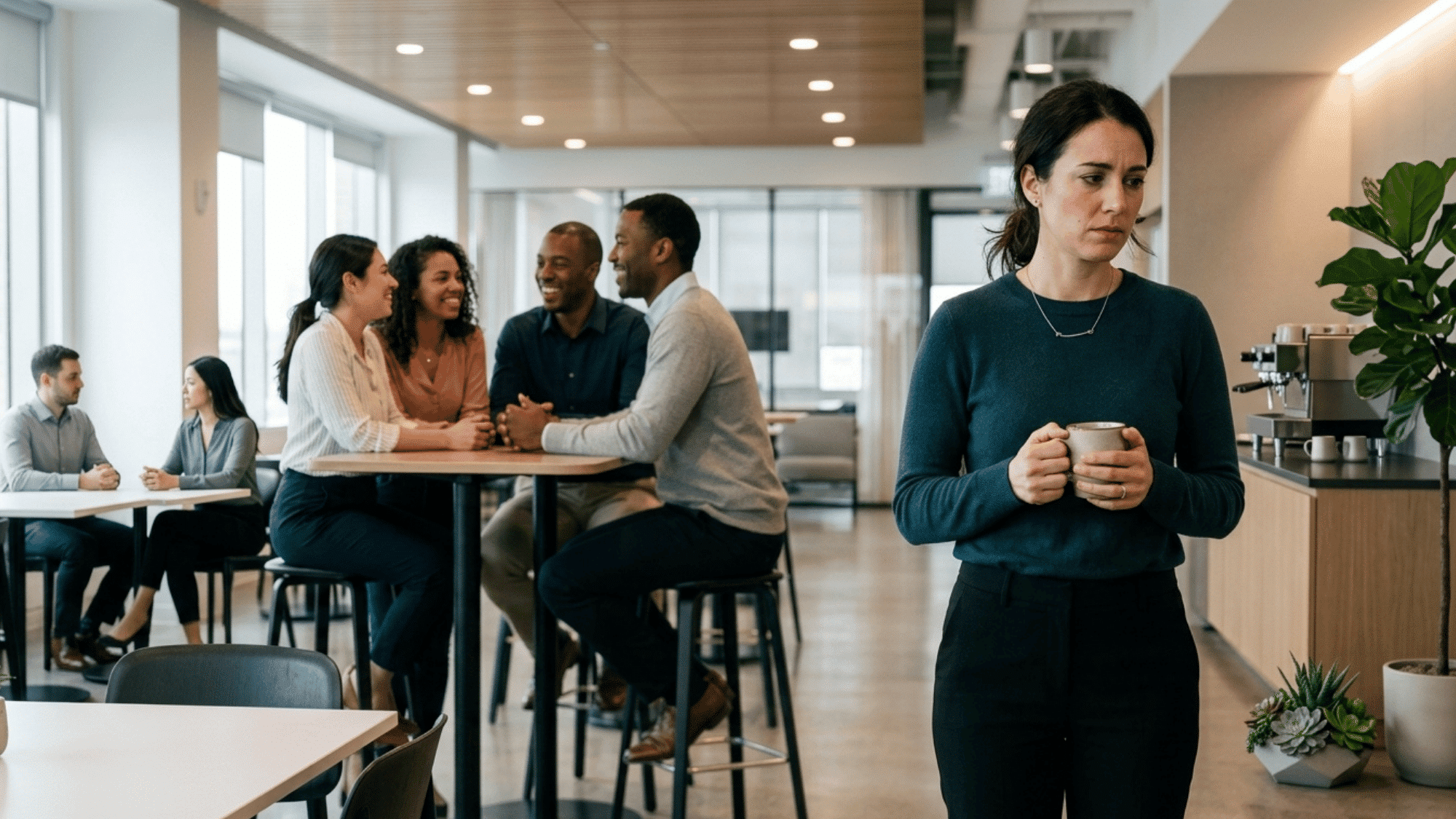 person standing alone in office cafeteria while coworkers chat together in the background showing social isolation