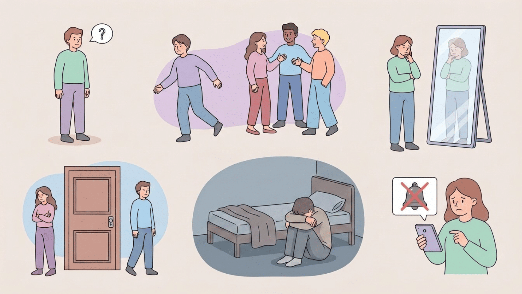illustrated symptoms of avoidant personality disorder showing social fear self doubt and emotional withdrawal