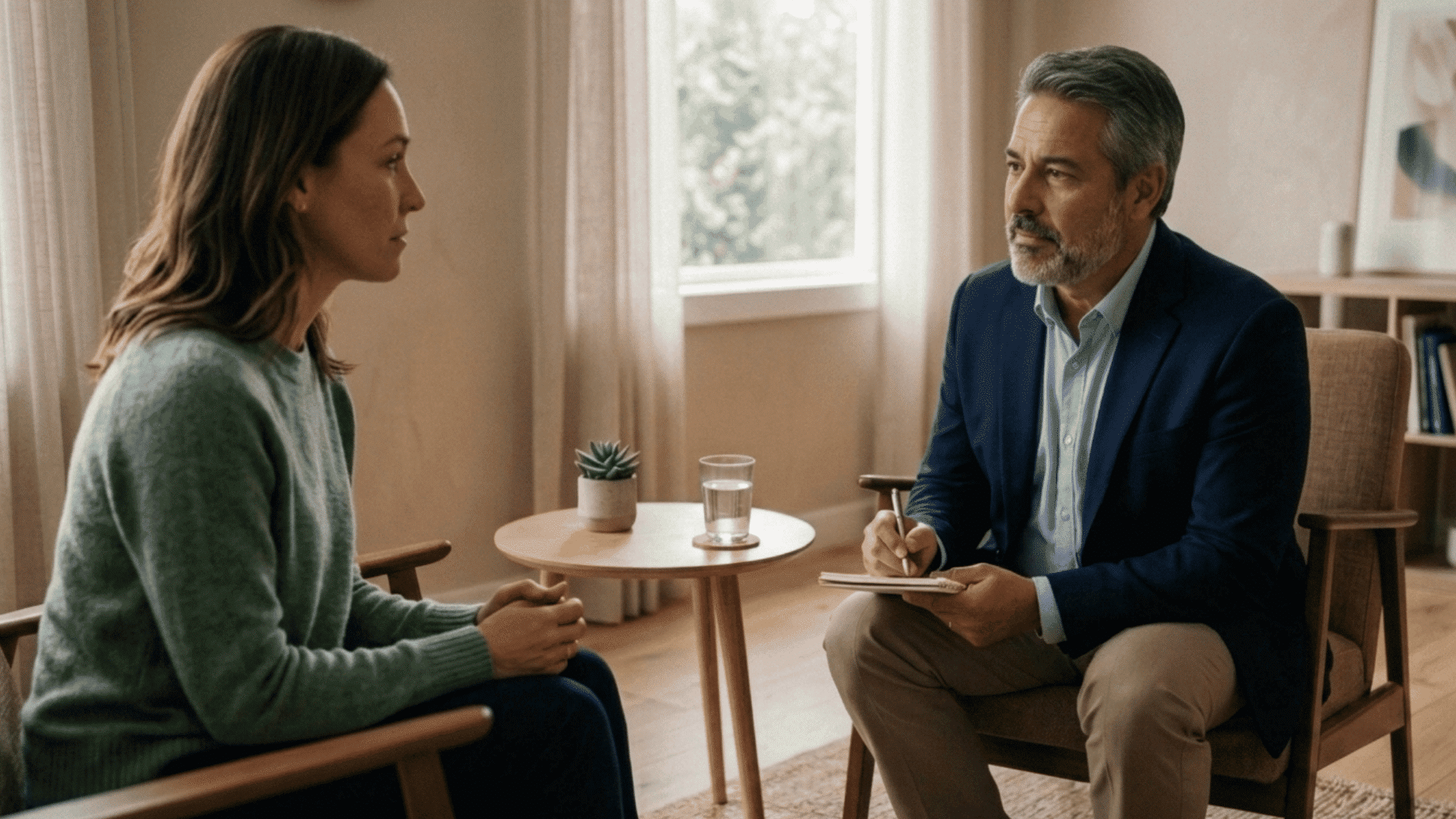 person discussing emotions with therapist during a mental health counseling session in a calm room
