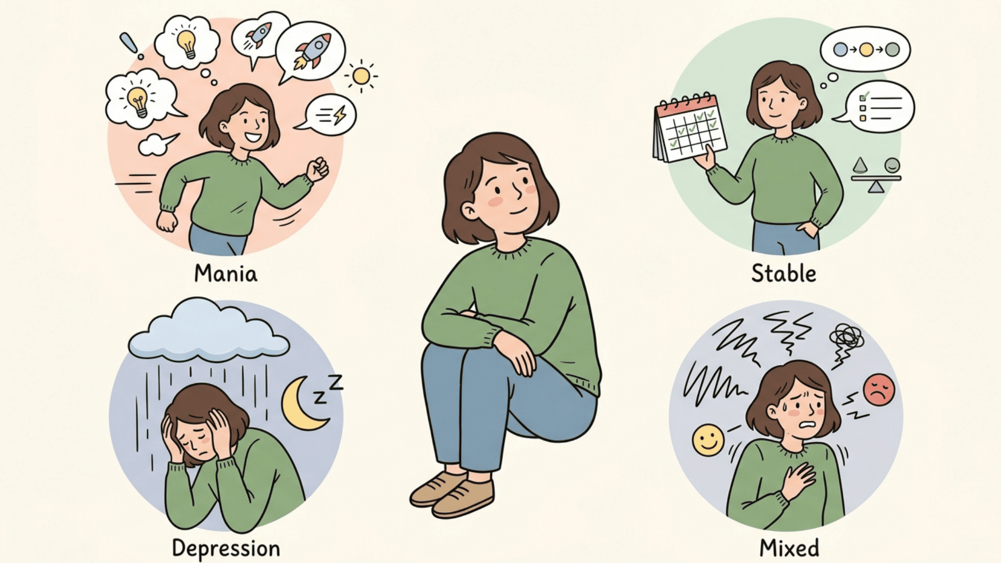 illustration showing bipolar thought patterns across mania depression mixed episodes and stable mood
