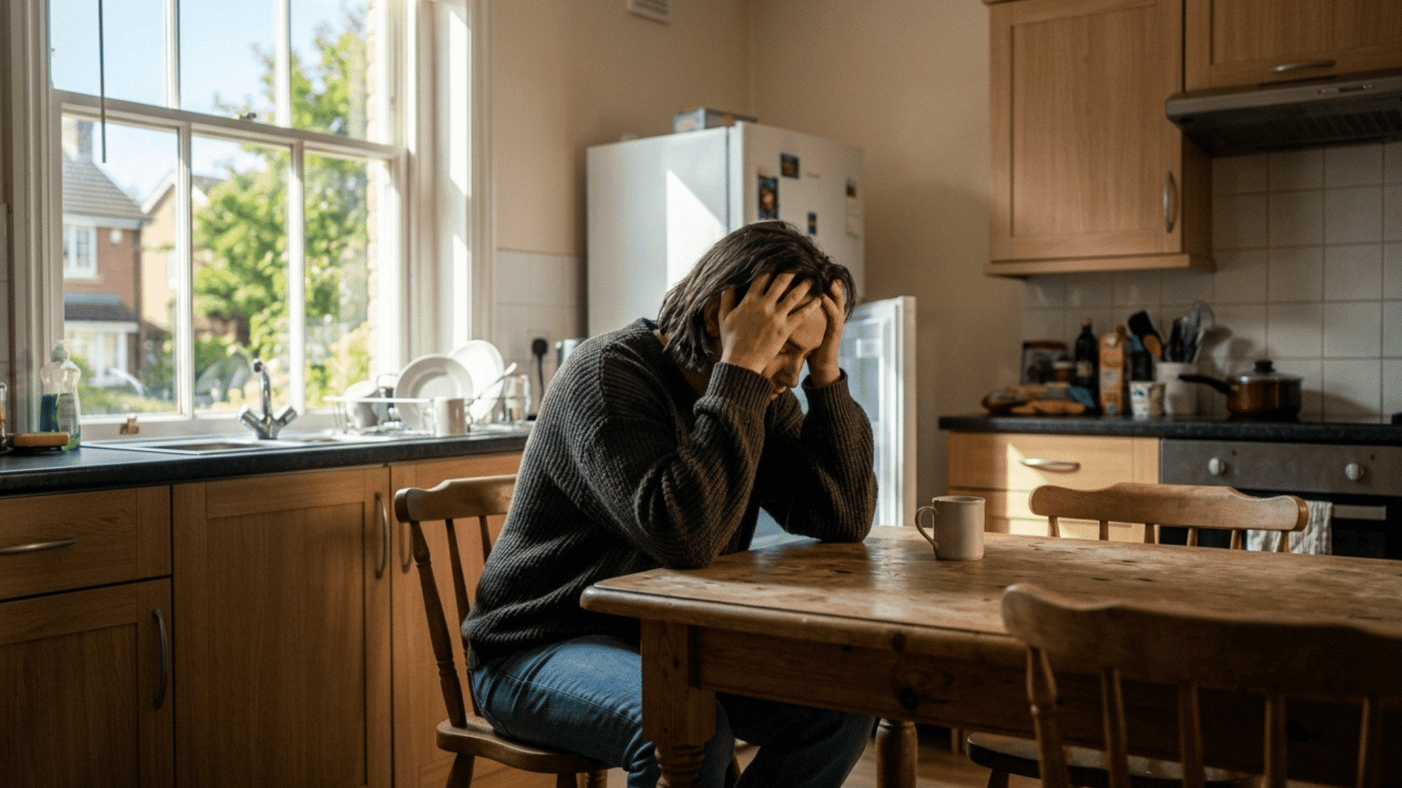 person sitting alone at a kitchen table with head in hands showing emotional distress in a quiet home setting