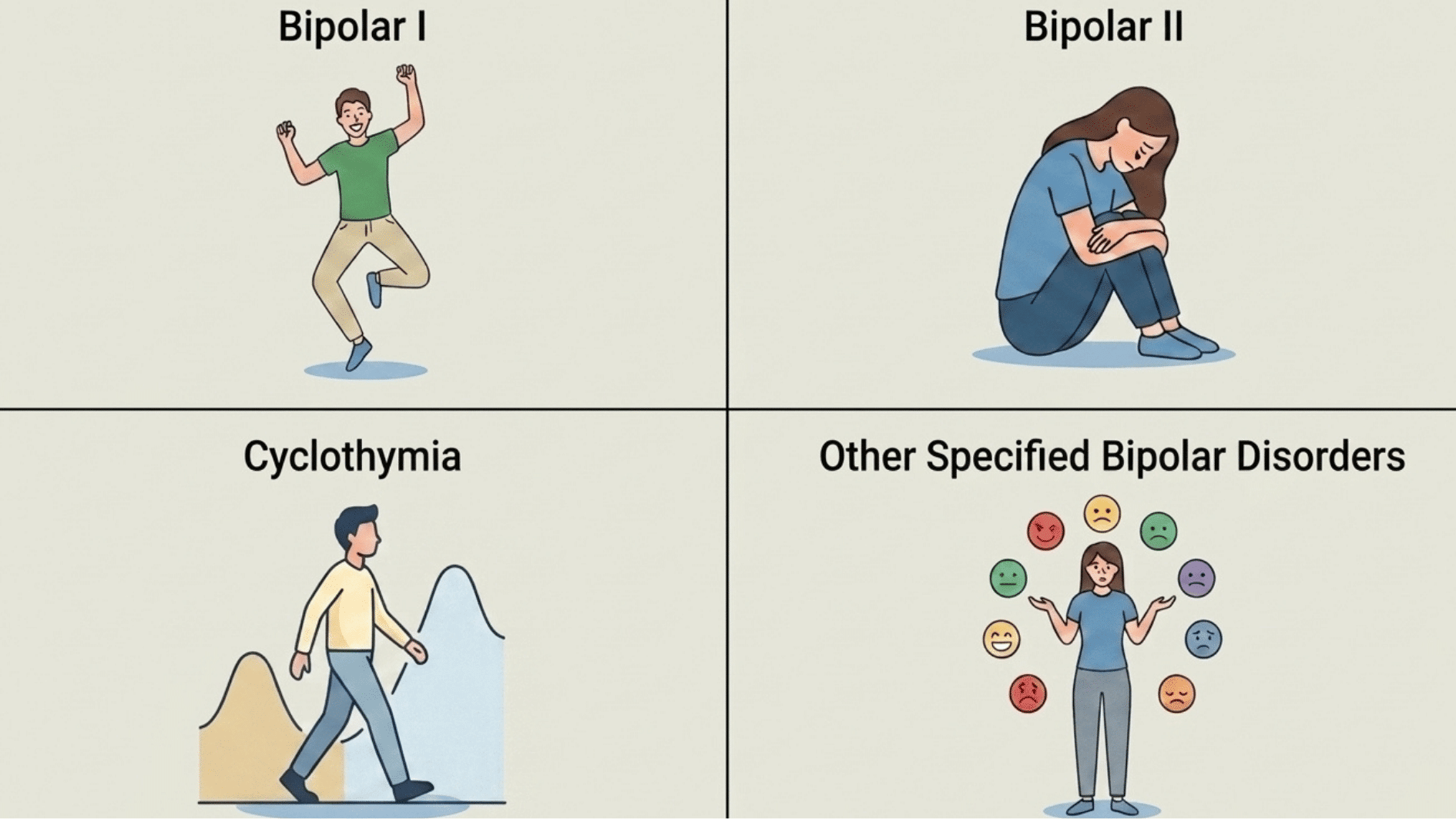 illustration comparing bipolar disorder types with simple figures representing bipolar i ii cyclothymia and other forms