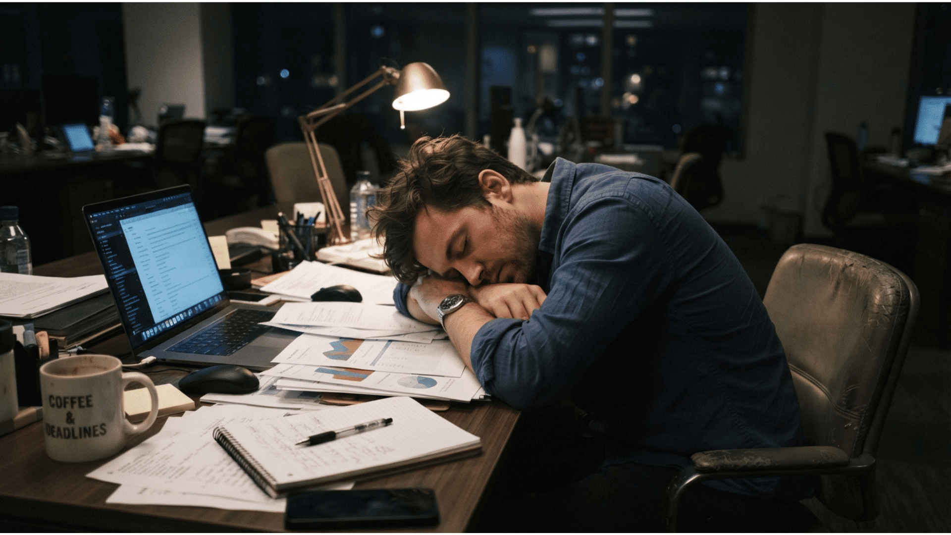 man asleep at cluttered desk, showing signs of burnout and exhaustion