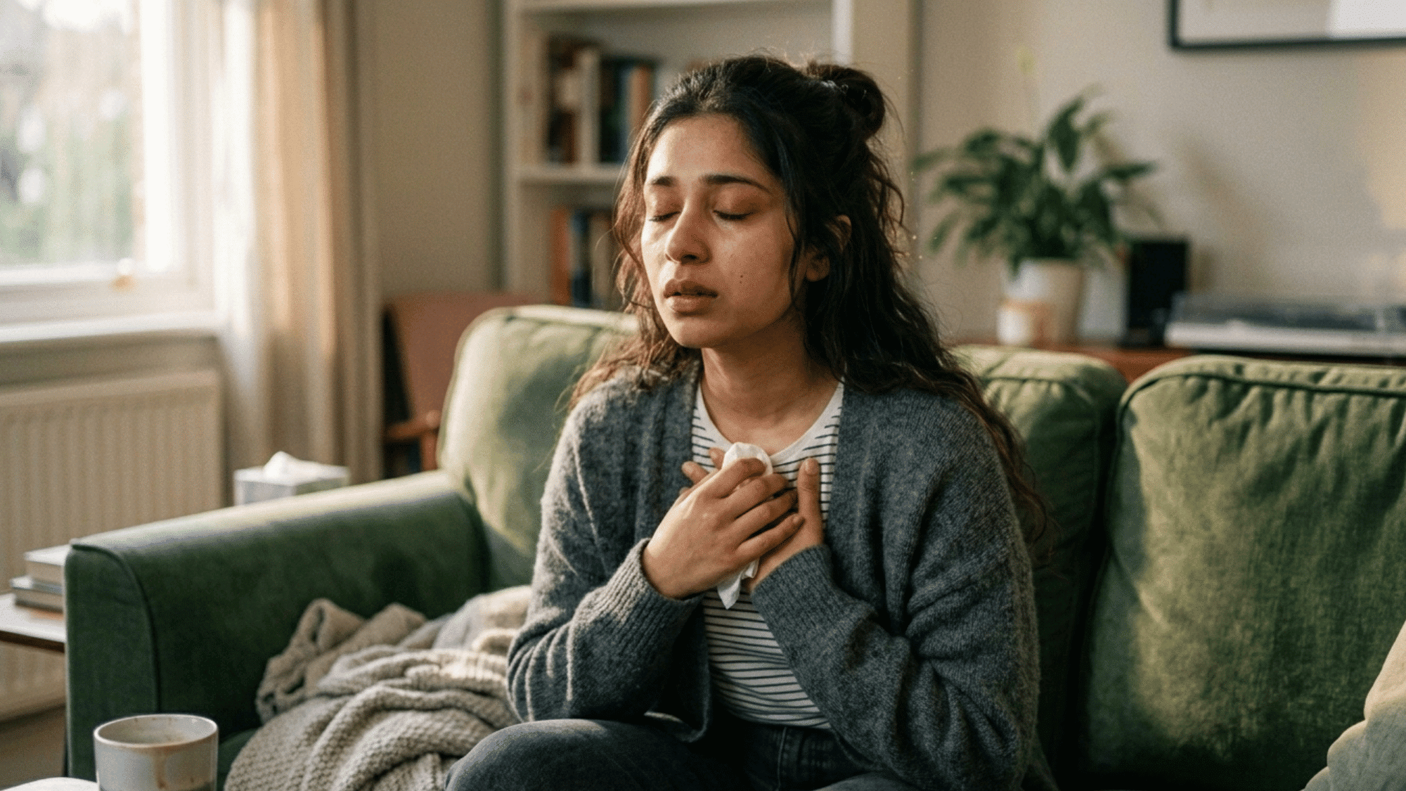 woman practicing slow breathing while sitting on a sofa at home to calm herself after an emotional day