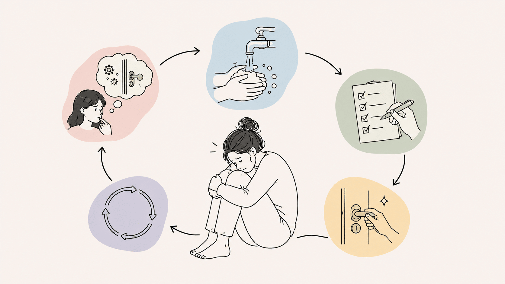 person experiencing OCD in a repetitive cycle of intrusive thoughts, compulsive washing, checking, list-making, and repeated reassurance-seeking