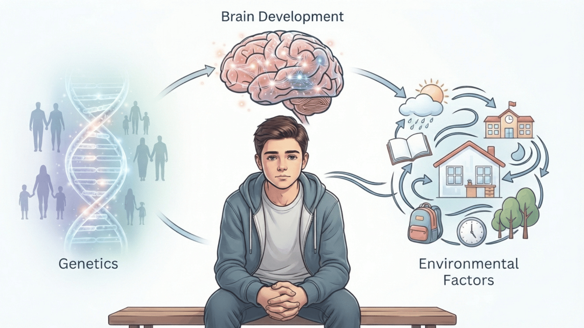 illustration showing genetics brain development & environmental factors linked to audhd