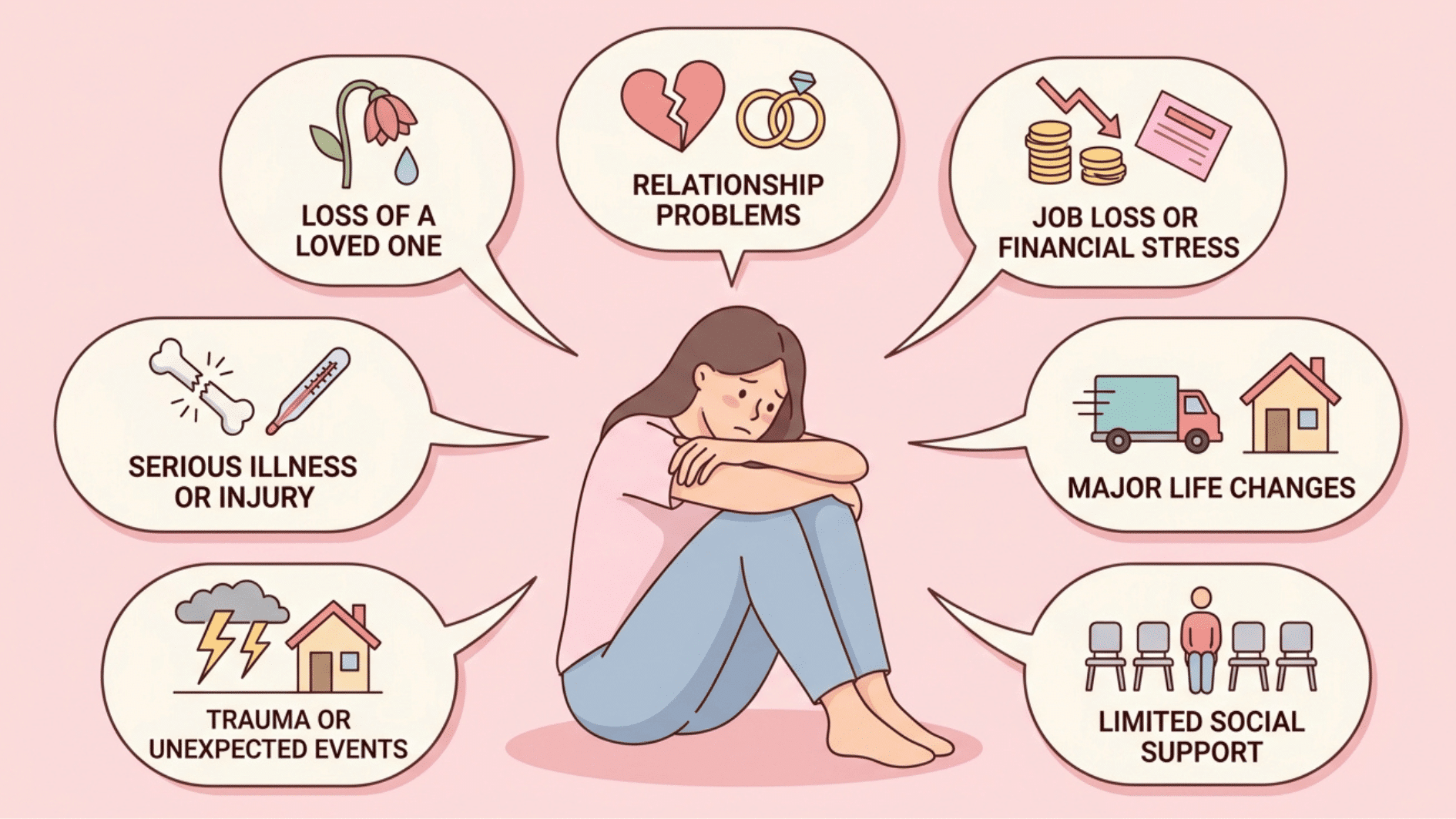 a young woman sitting on the floor with her knees drawn up and causes in floating icons