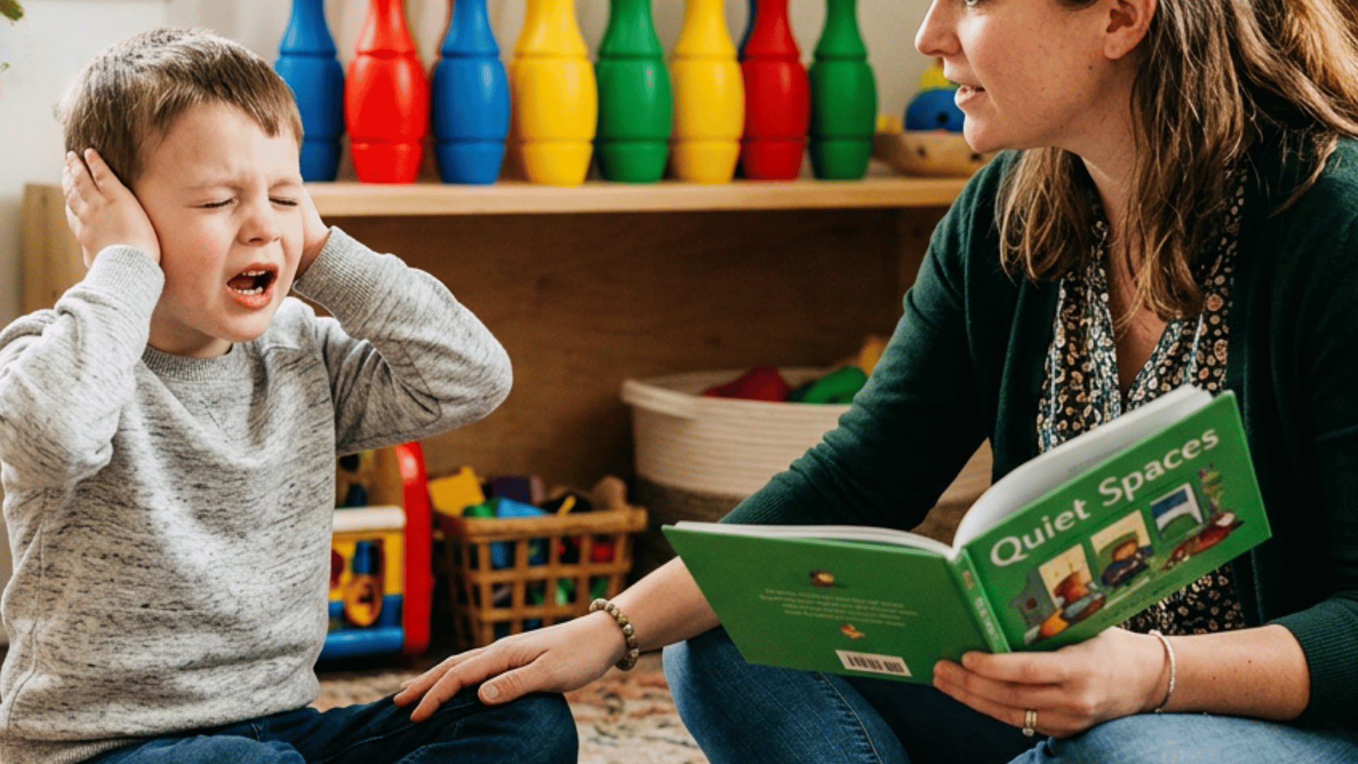 a boy covering his ears in distress as a supportive woman holds a book and tries to comfort him on a rug