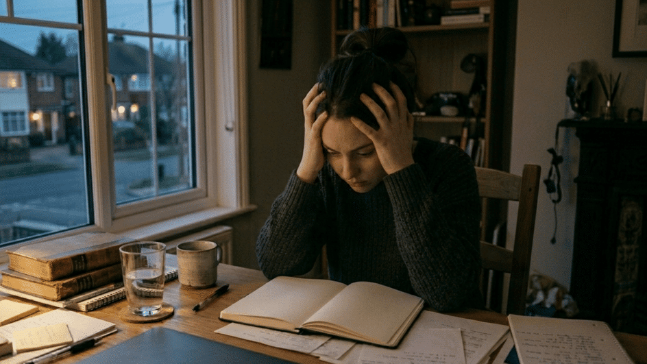 woman having difficulty concentrating, showing the impact of childhood trauma on thinking patterns