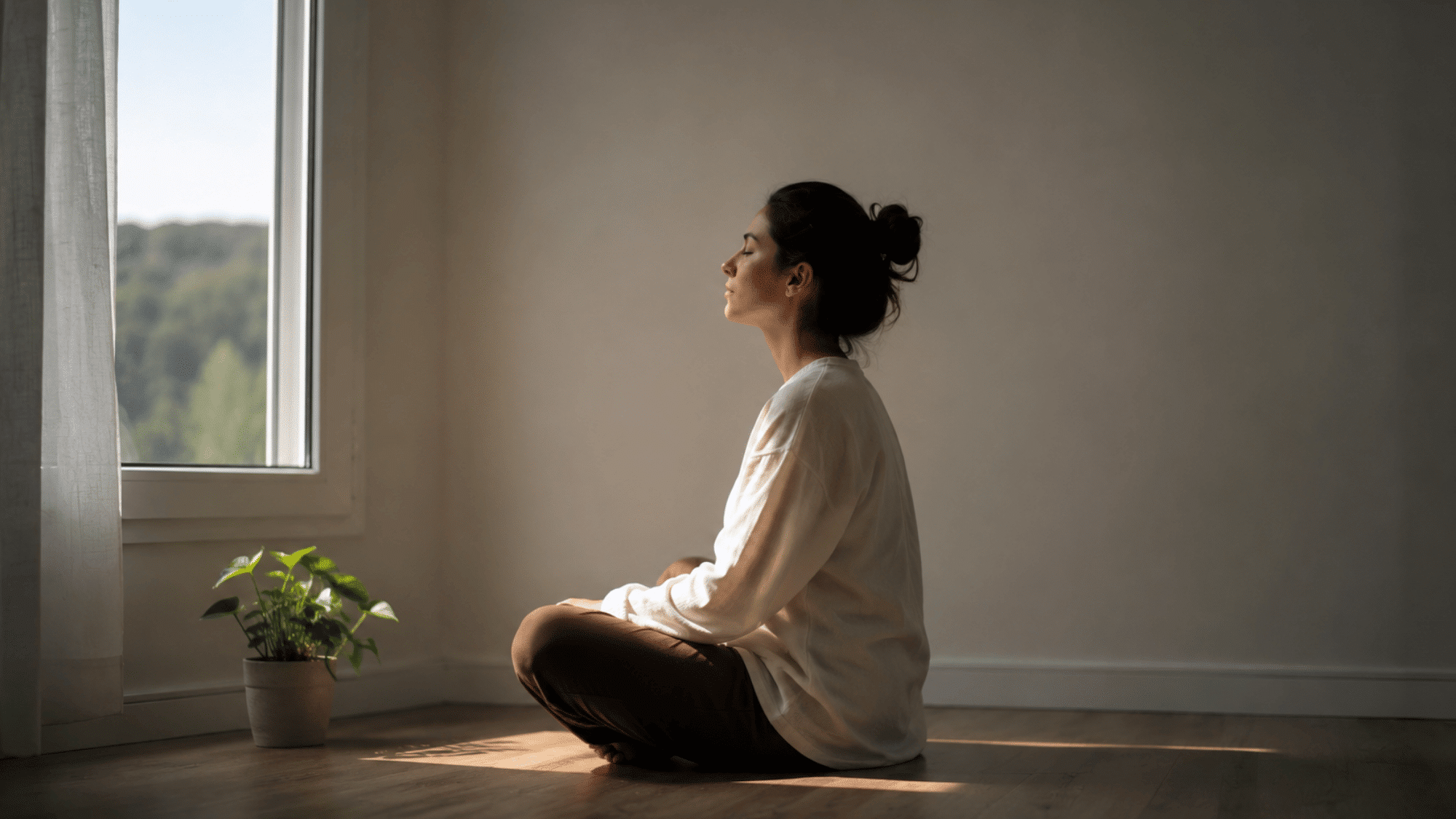 adult sitting calmly by a sunlit window practicing mindfulness in a simple quiet room with soft natural light
