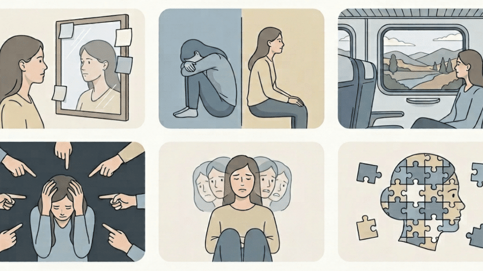 illustrations showing symptoms of childhood trauma in adulthood