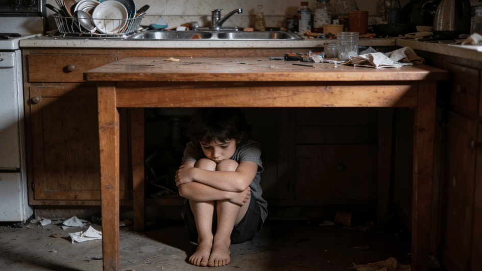 a distressed child curled under a kitchen table, showing the emotional weight of childhood trauma