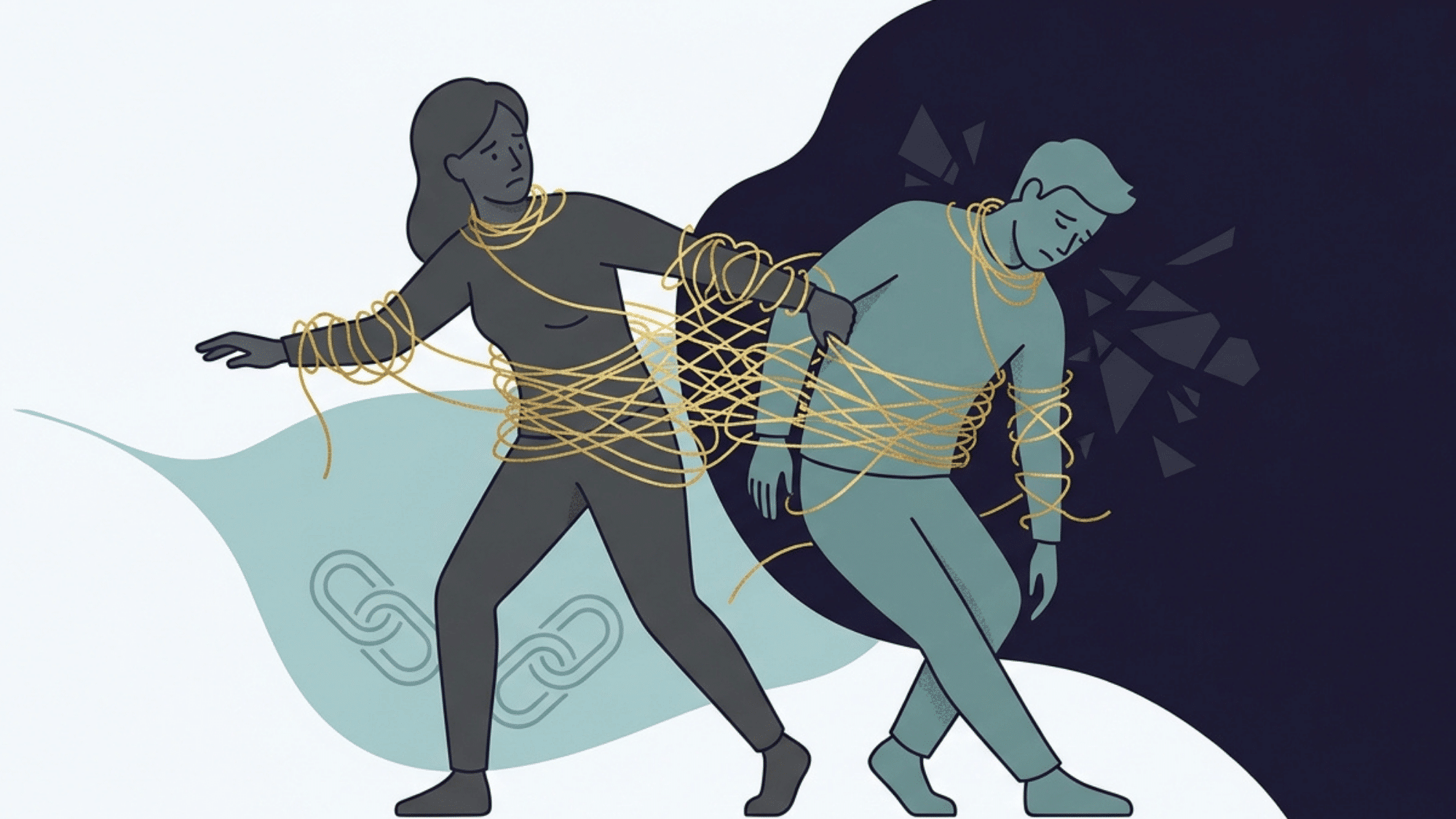 people connected by tangled strings symbolizing codependency and addiction as one partner struggles under emotional burden