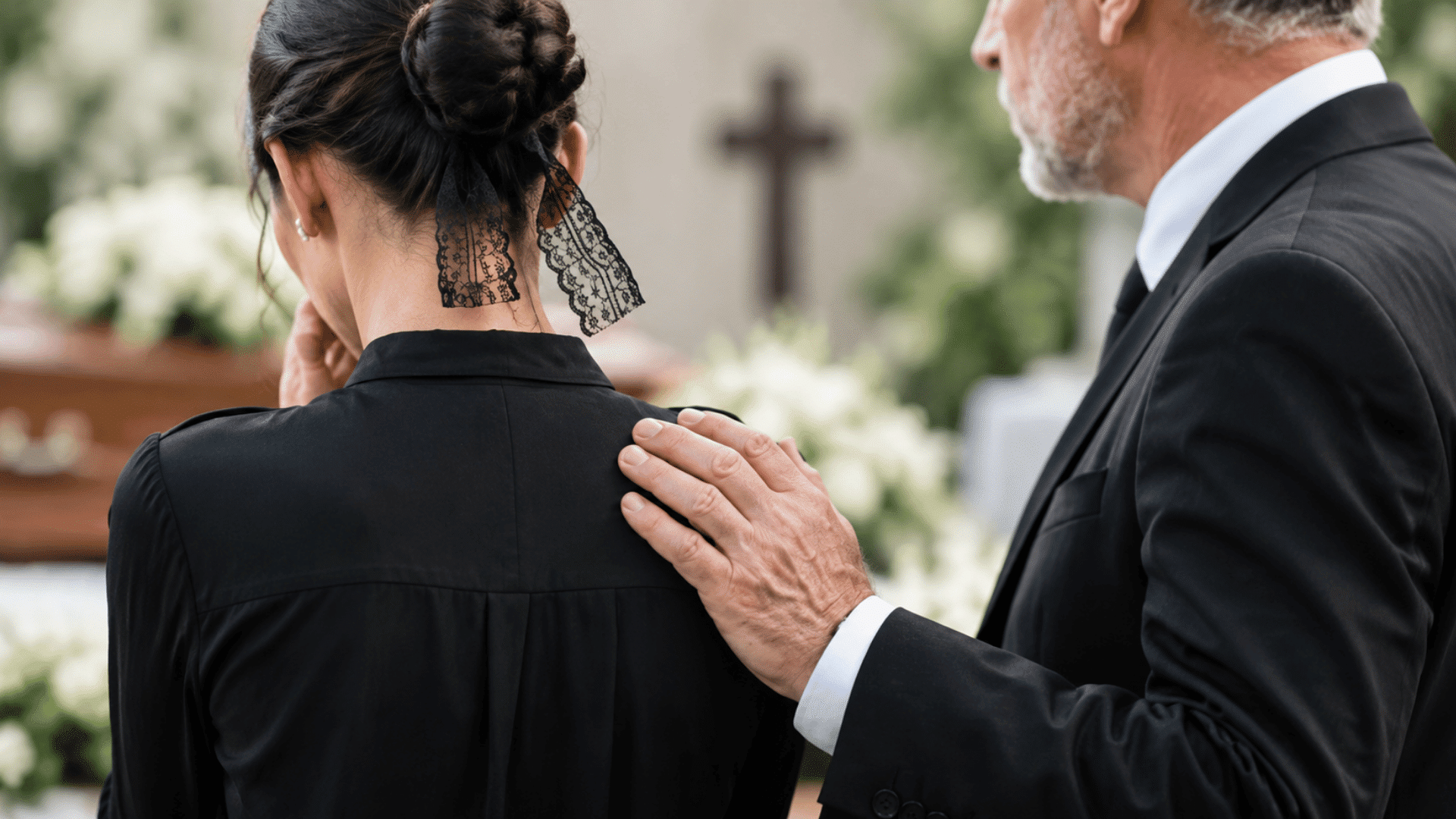 person offering comfort with a hand on shoulder during a quiet funeral service with flowers