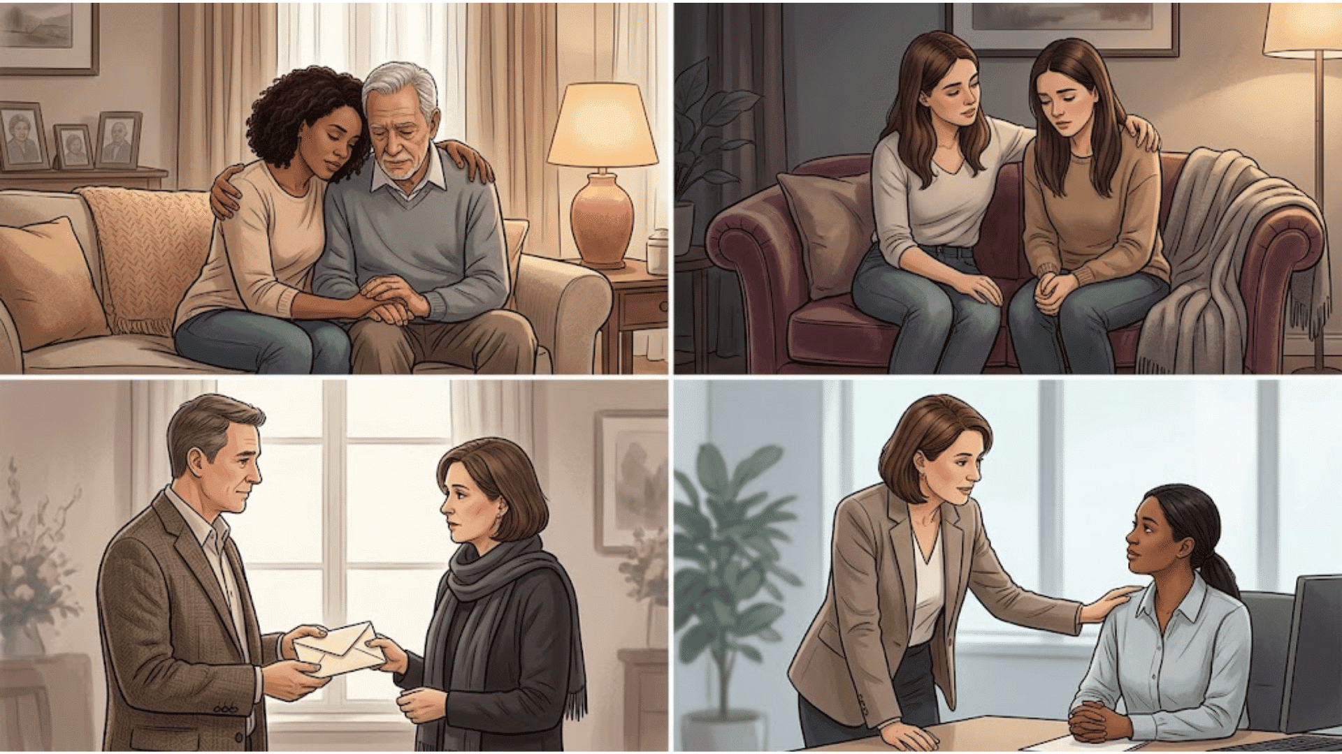 illustrated collage showing condolence support messages for family friends acquaintances and workplace settings