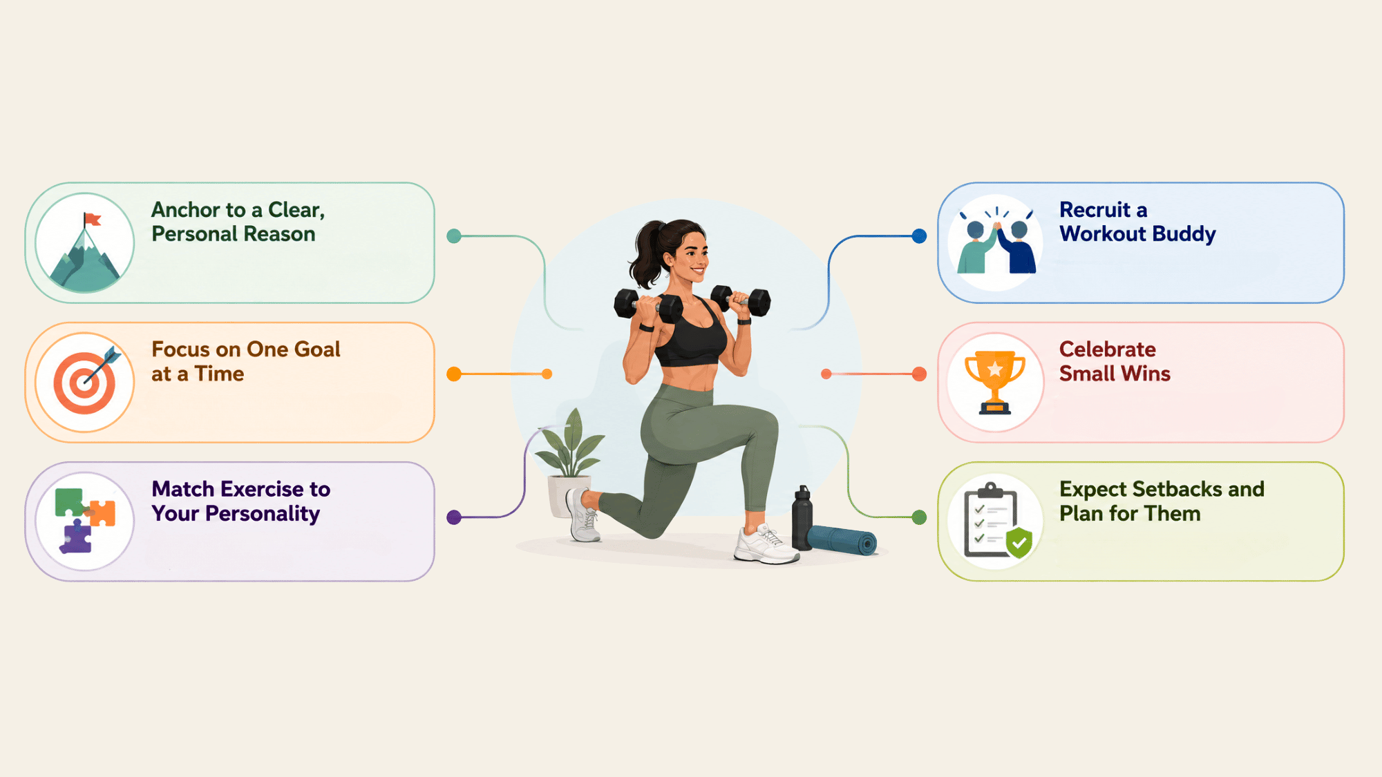 infographic showing six simple strategies for workout consistency surrounding a runner including goals accountability habits and planning for setbacks