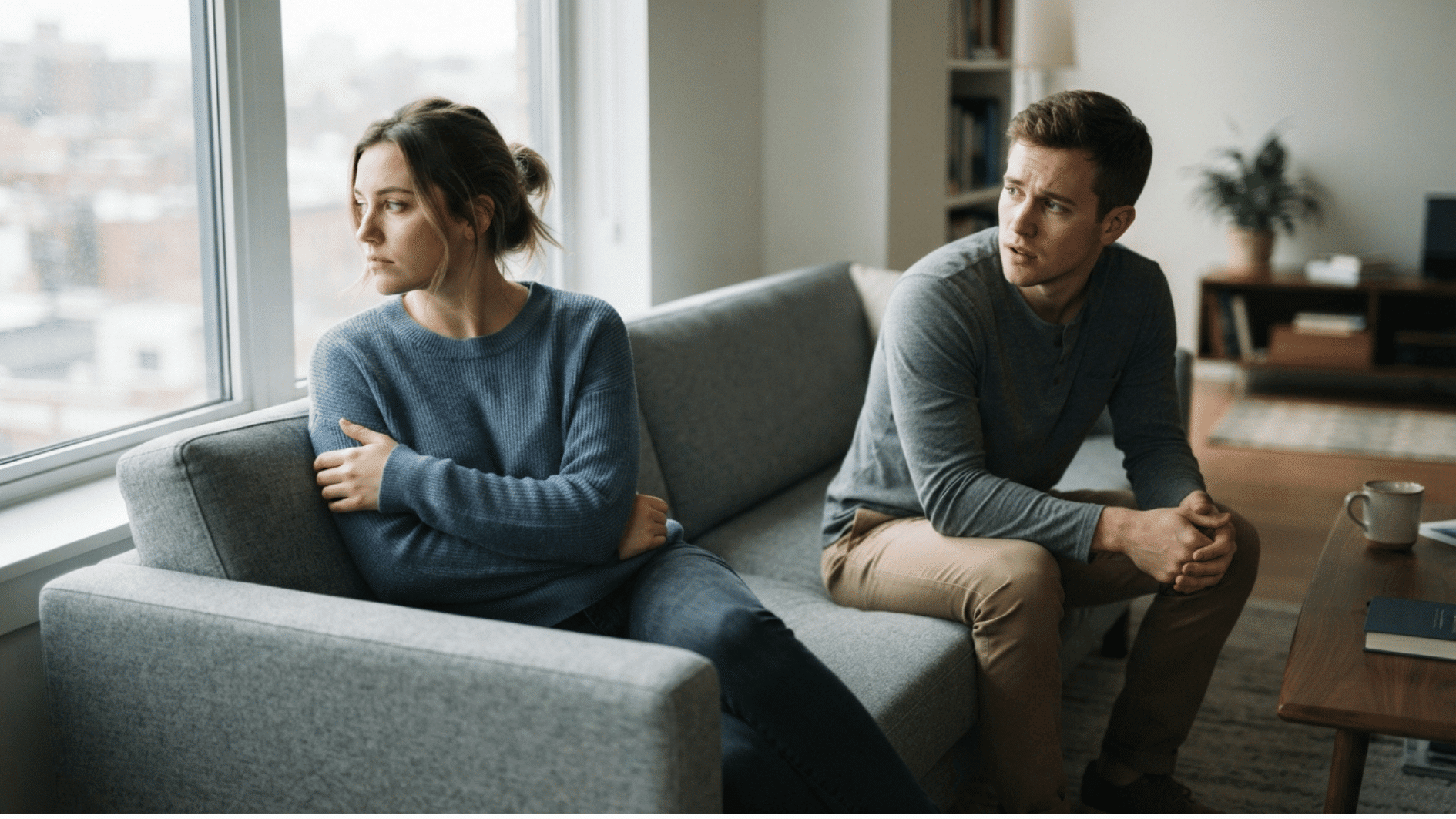 couple sitting apart on a sofa showing emotional distance and difficulty connecting during a conversation