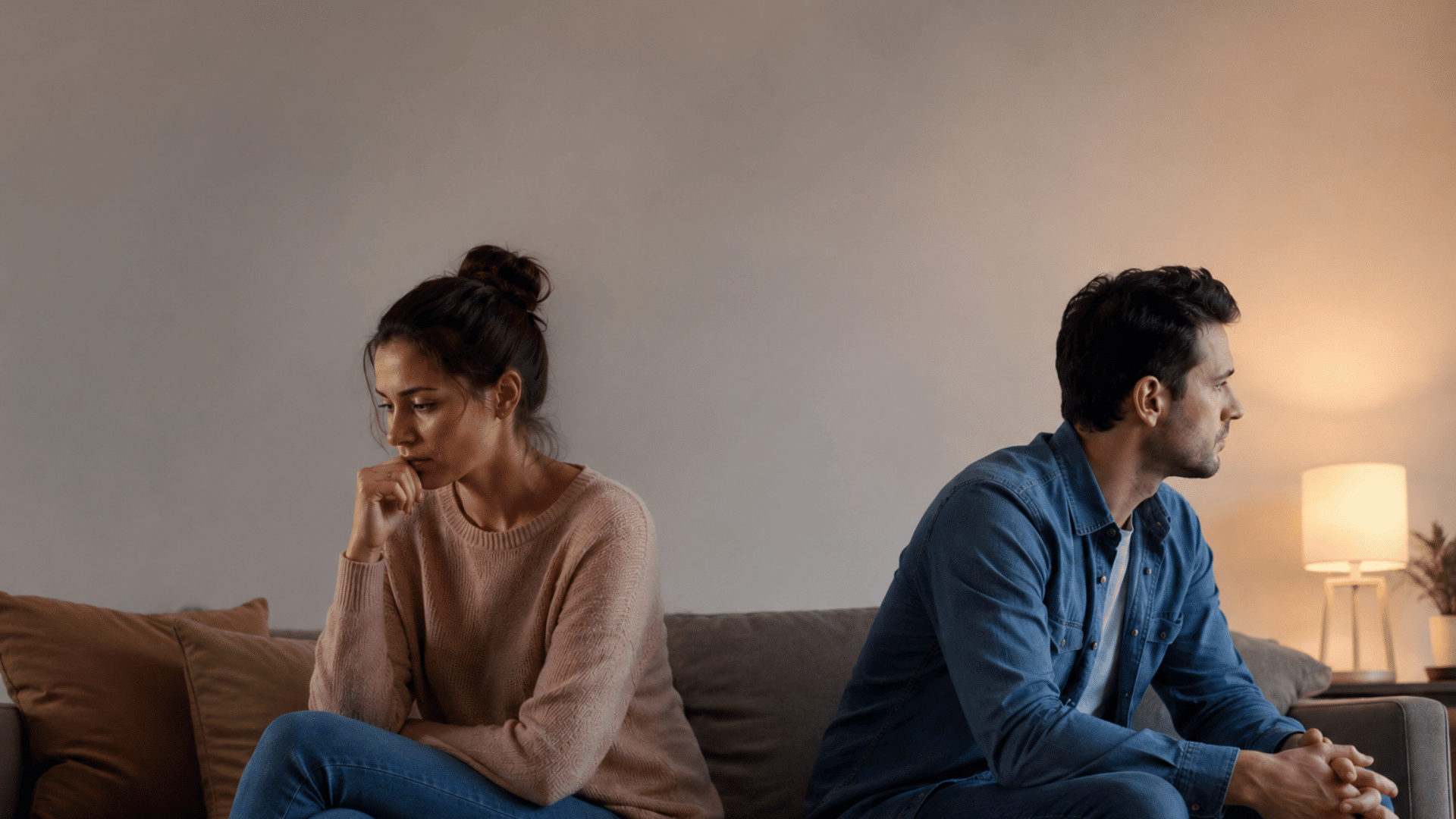 couple sitting apart on a couch, reflecting relationship OCD anxiety.