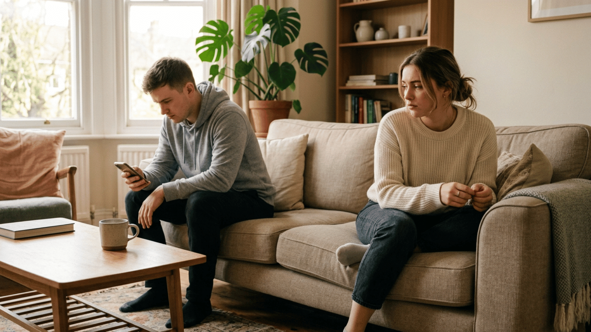 couple sitting apart on a living room sofa after an emotional conversation showing the quiet strain untreated adhd can place on relationships