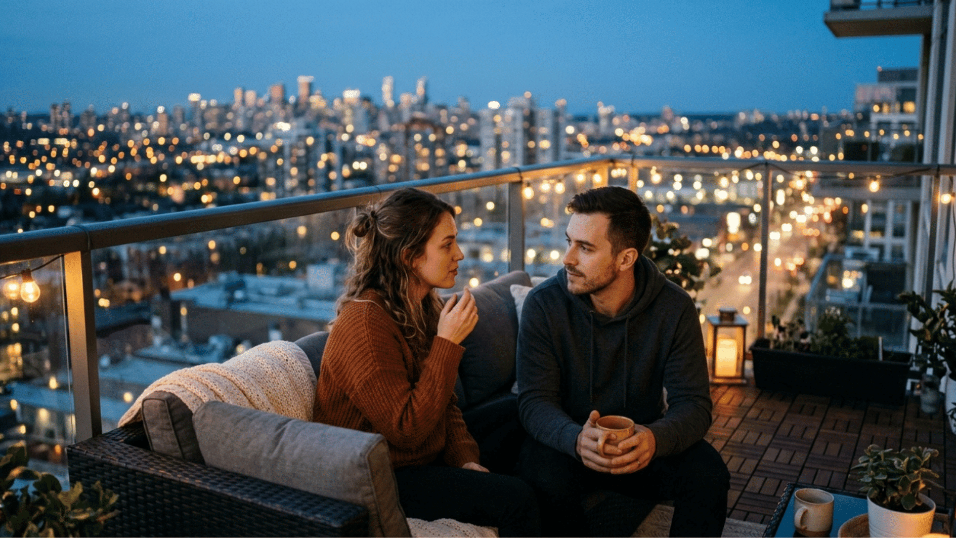 a couple sitting and talking in the balcony in the evening setting