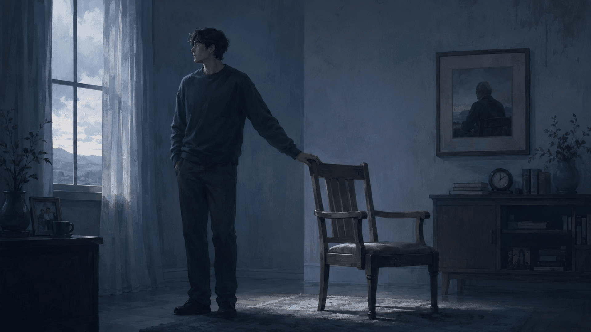 man standing by his father's empty chair, a visual sign of daddy issues in men and unresolved father wounds