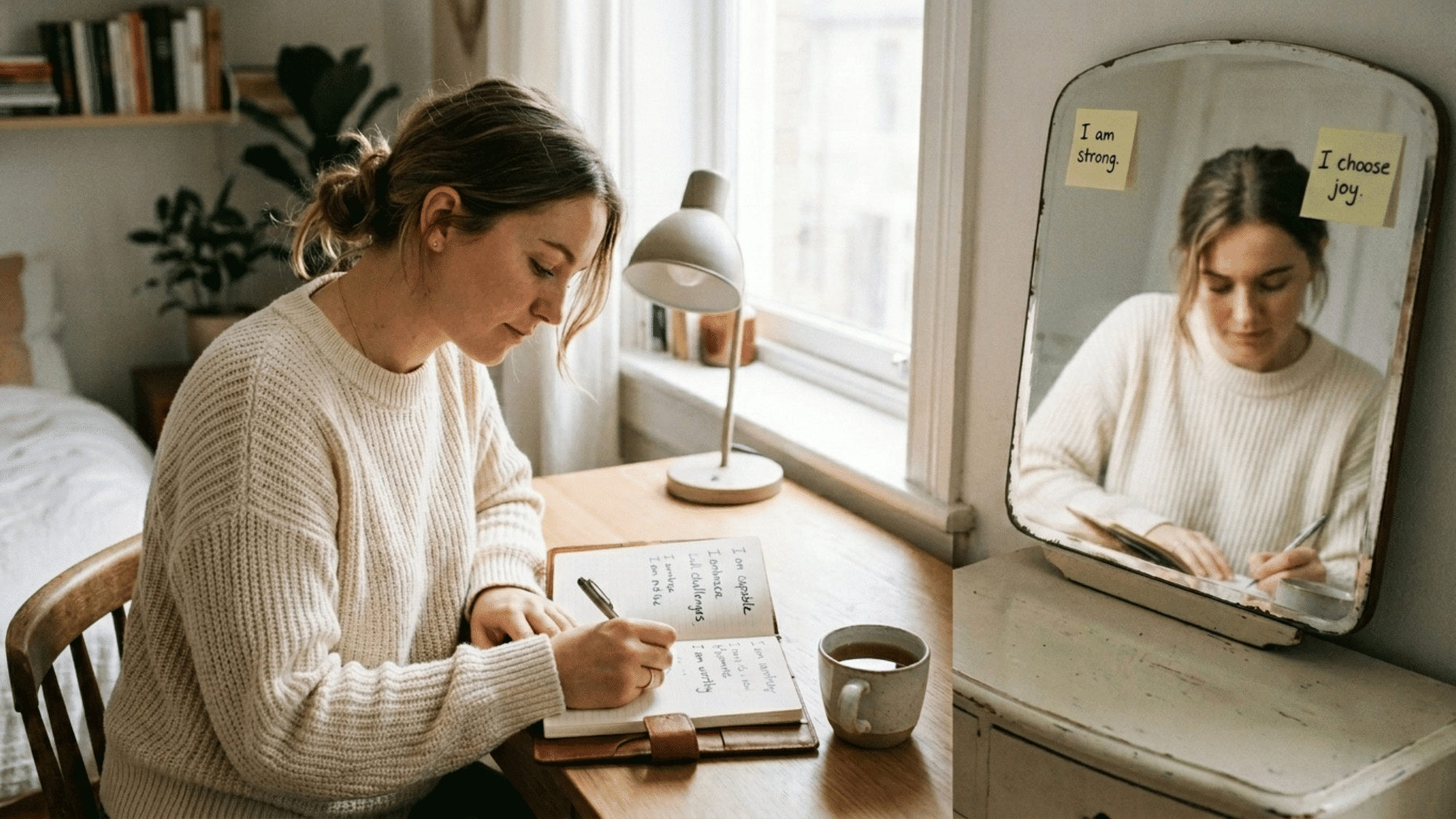 woman writing positive affirmations in a journal beside a mirror with encouraging notes in a peaceful morning setting