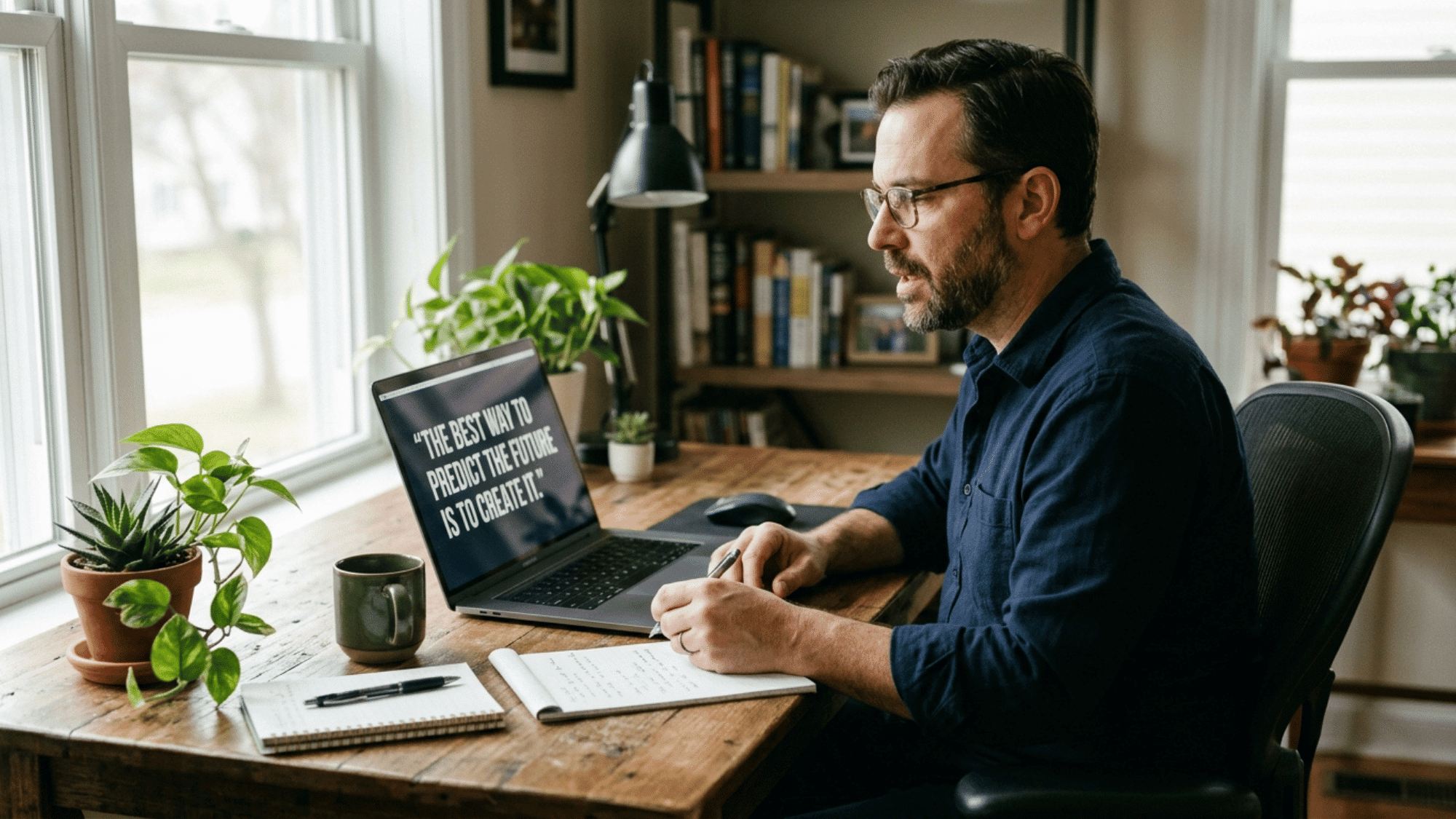 man writing thoughtful notes at a home office desk beside a laptop displaying an inspirational quote