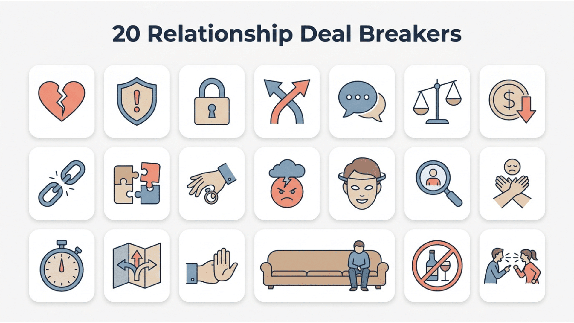 an inforgraphic deciting 20 deal breakers in a relationship