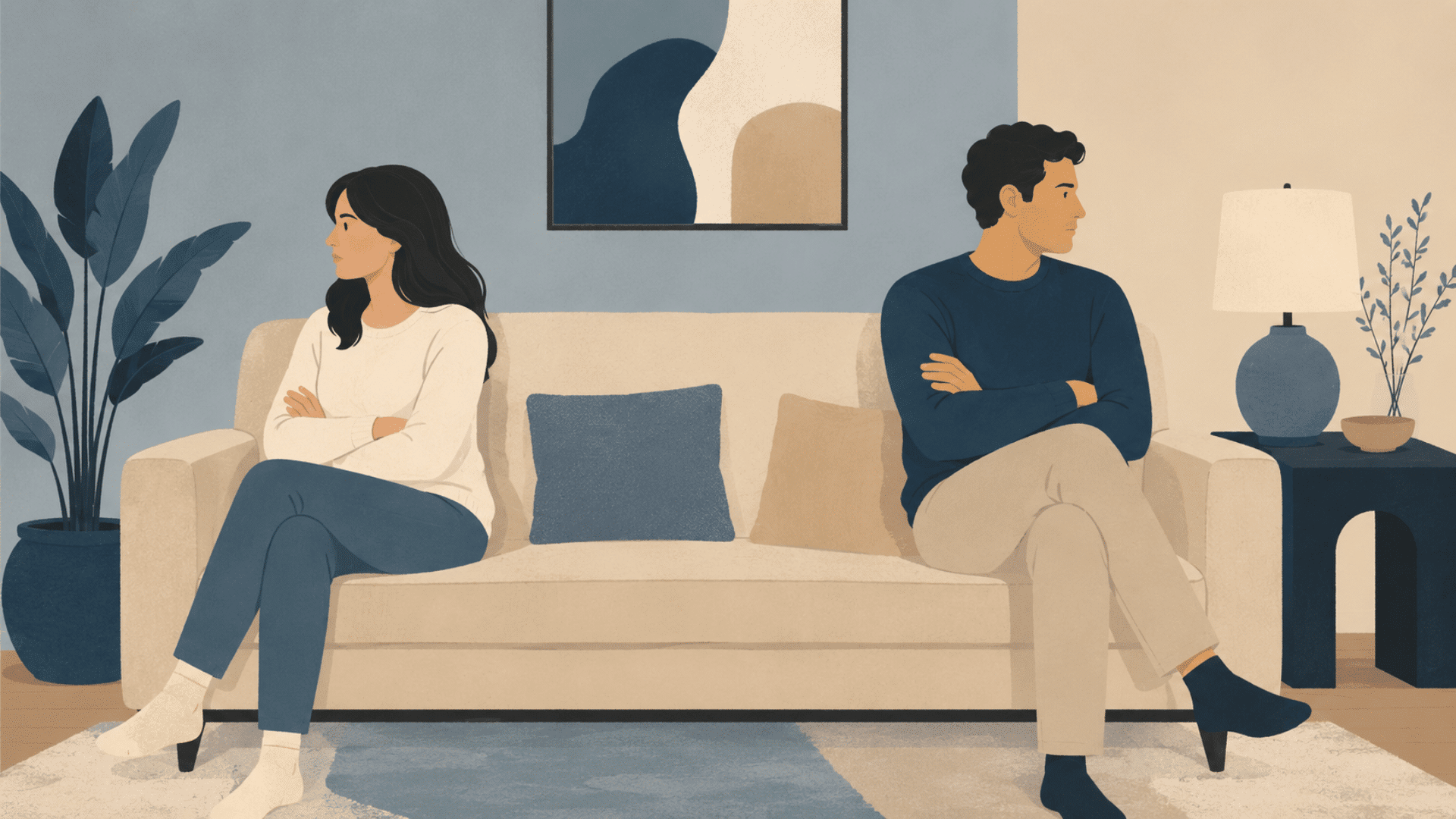 Illustrated couple sitting apart on a couch, reflecting on doubts in their relationship