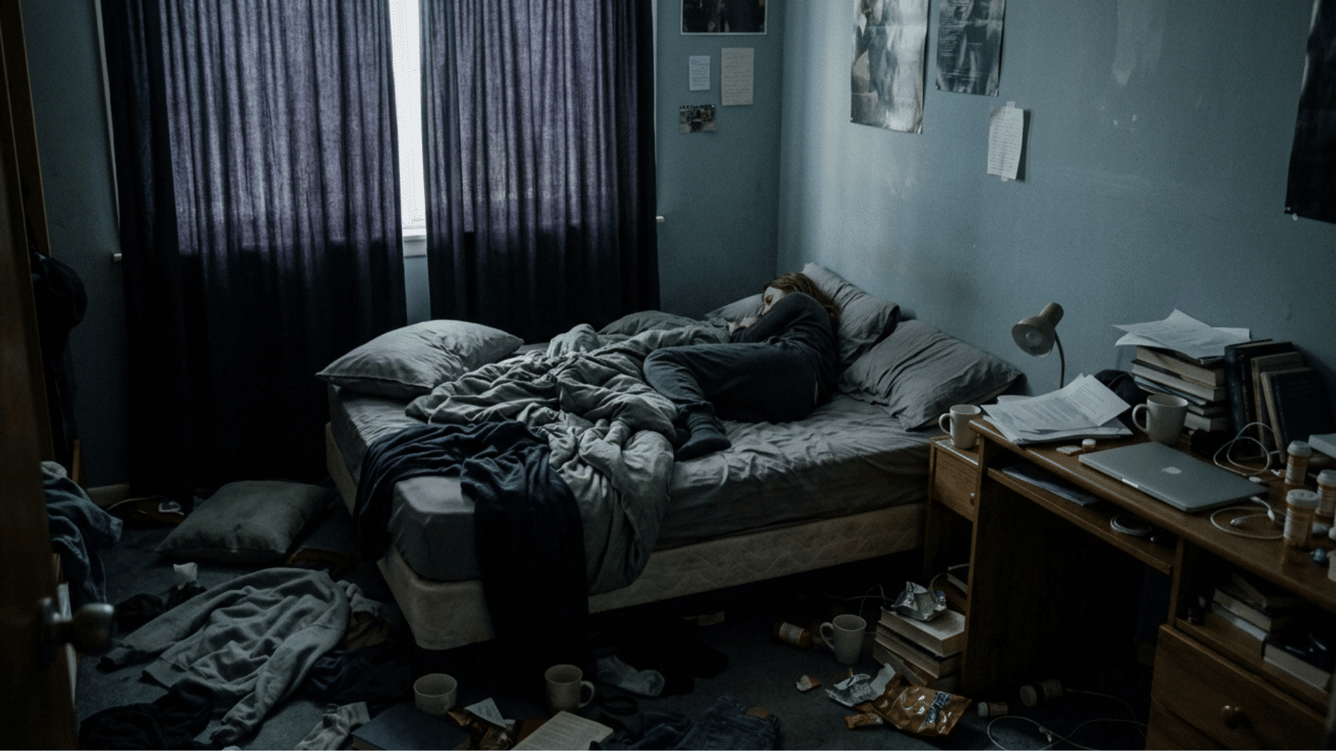 a quiet, empty bedroom symbolizing depression, soft grey tones, unmade bed, fading light through half-closed curtains