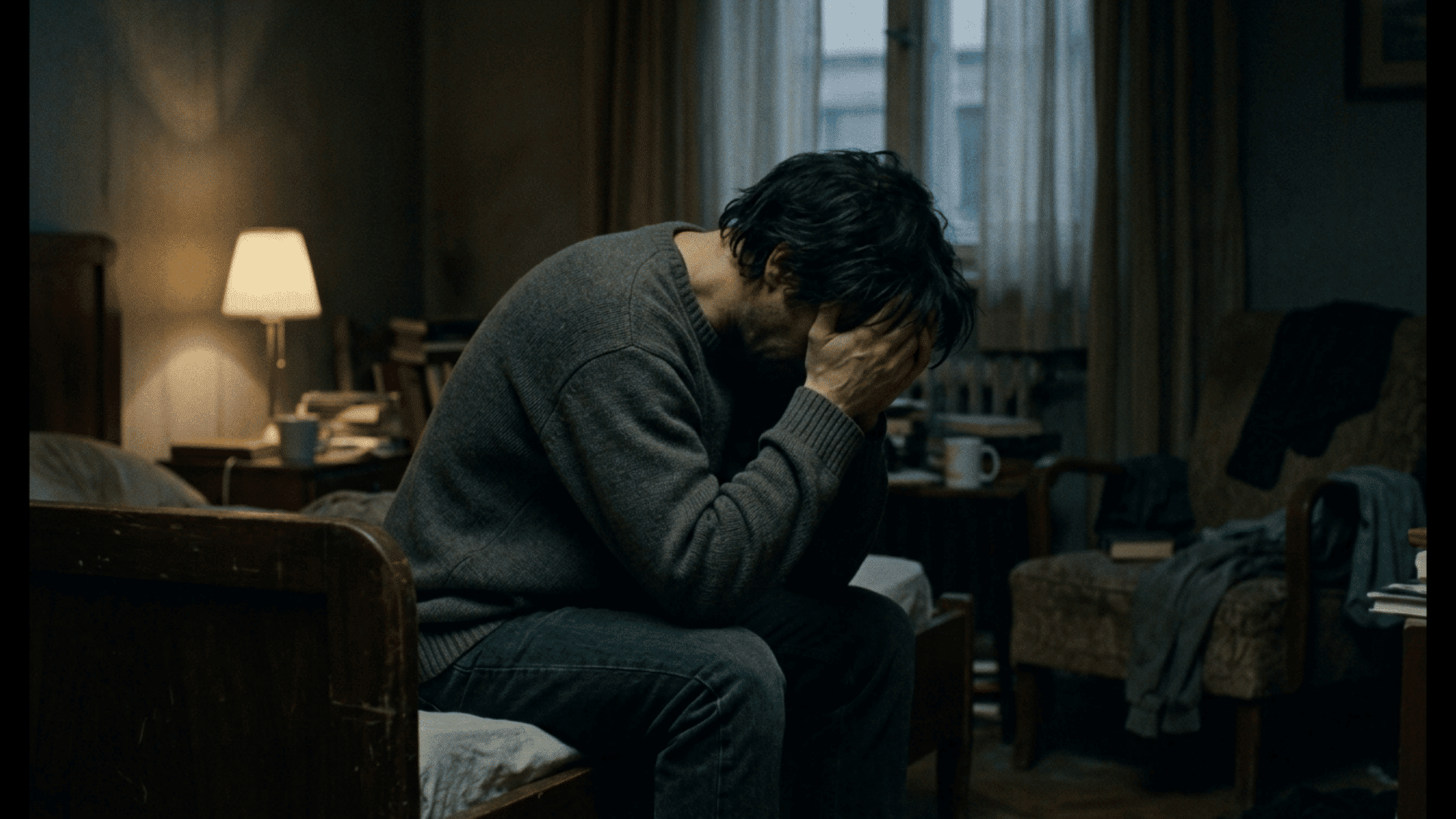 person sitting alone in a dimly lit room with head in hands, illustrating emotional distress and depression symptoms.