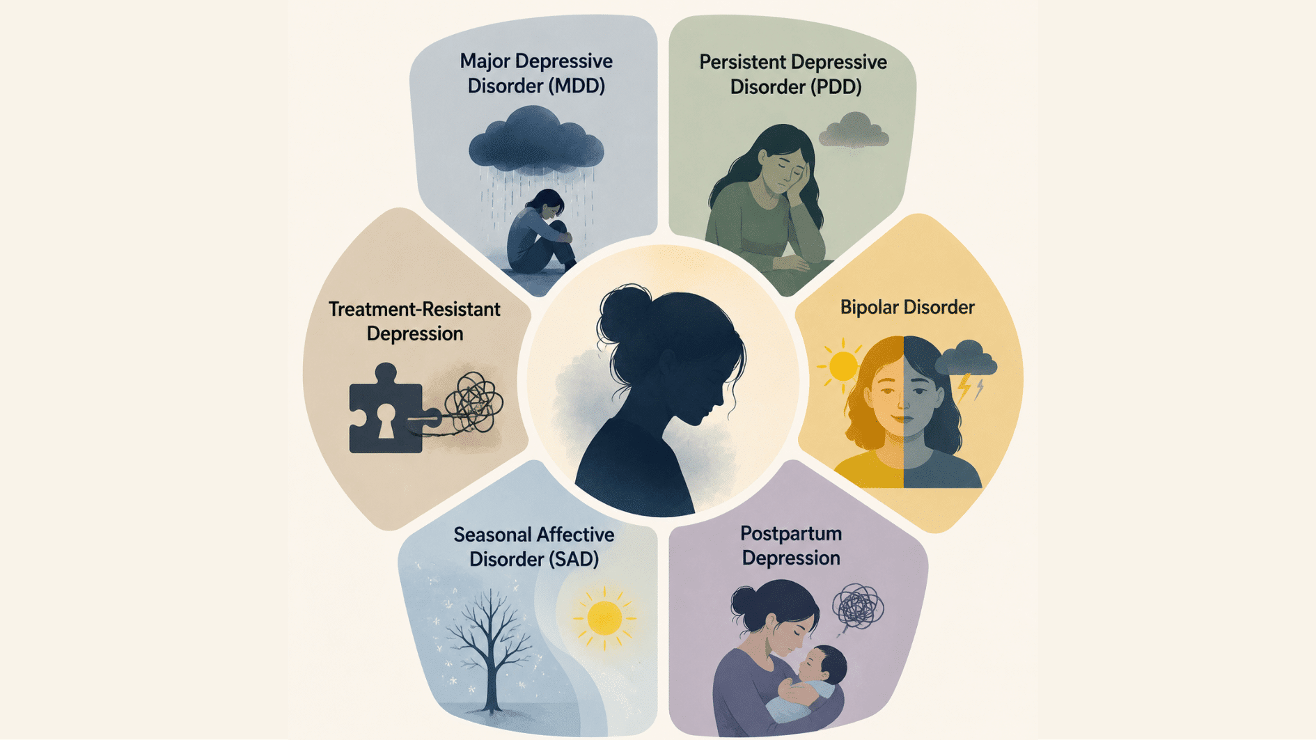 infographic showing different types of depression with simple mental health illustrations