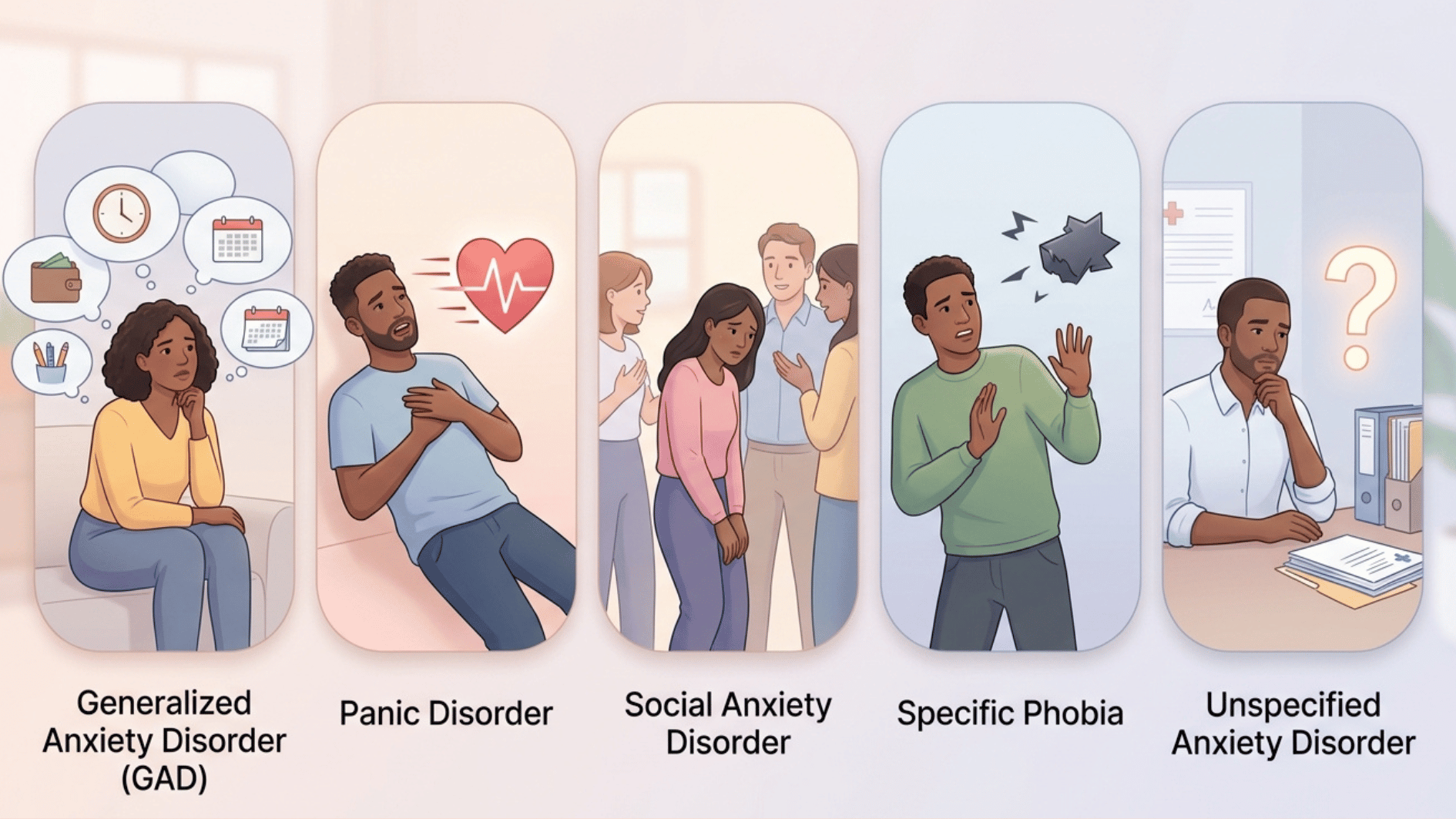 an illustration showing five different types of anxiety disorders