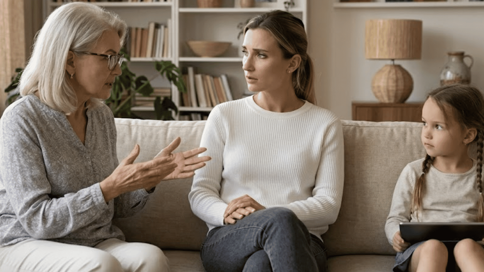 family members from different generations having an emotional conversation together in a cozy living room setting