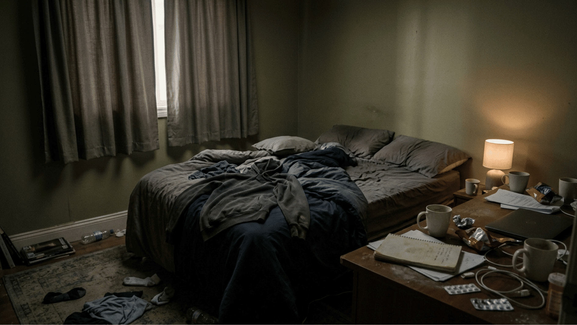 a dimly lit bedroom showing signs of depression, messy bed, closed curtains blocking sunlight, and cluttered desk