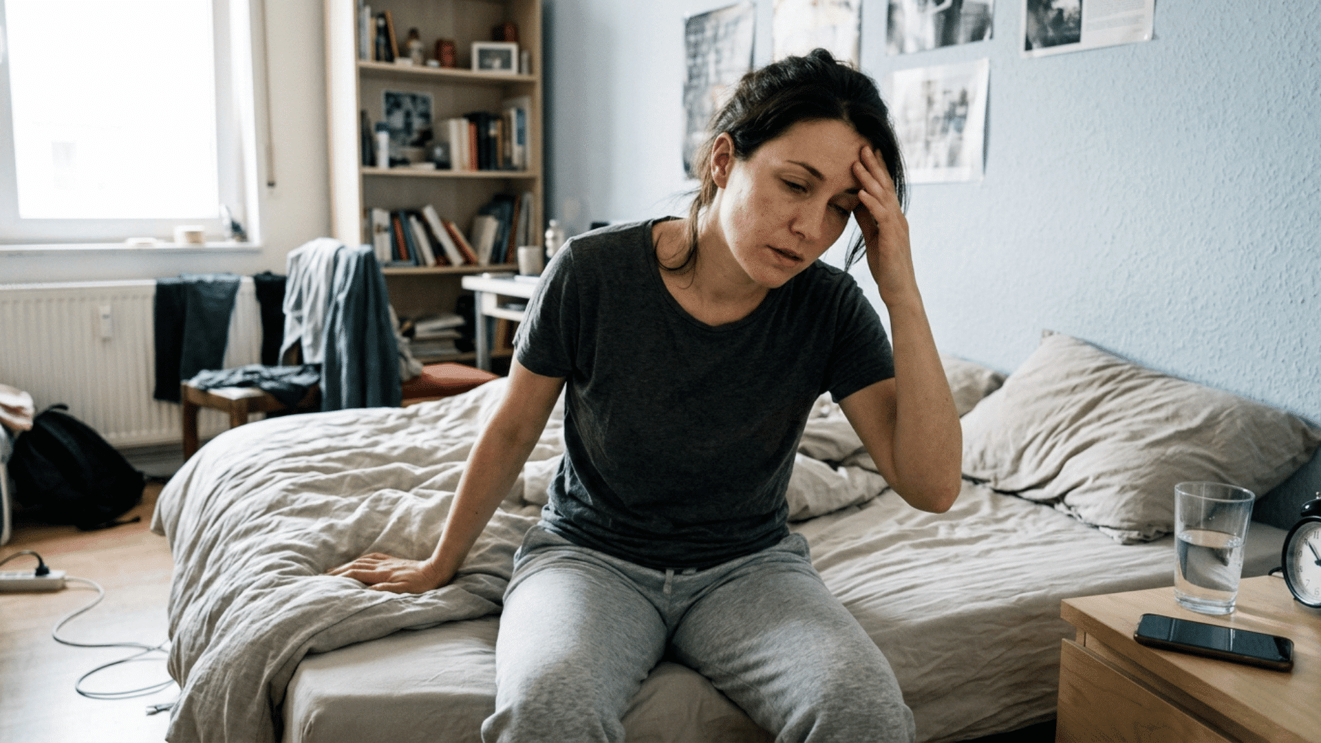 woman sitting on edge of bed holding her head feeling dizzy from anxiety