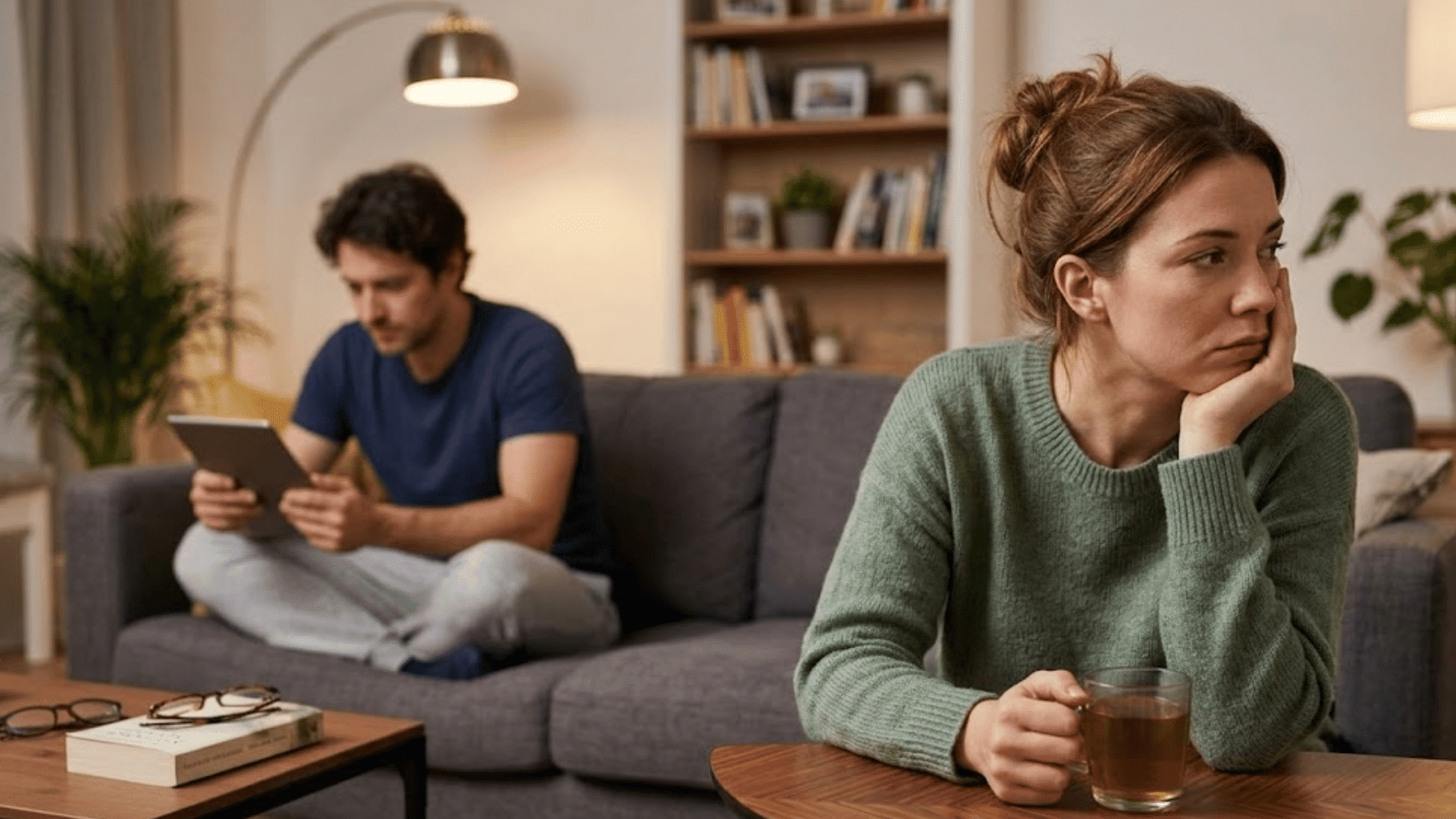 woman sitting apart from partner showing emotional distance during a quiet moment at home