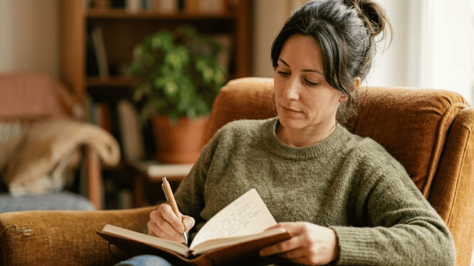 person writing thoughts in a journal while sitting in a cozy chair during a quiet mindfulness and self reflection moment