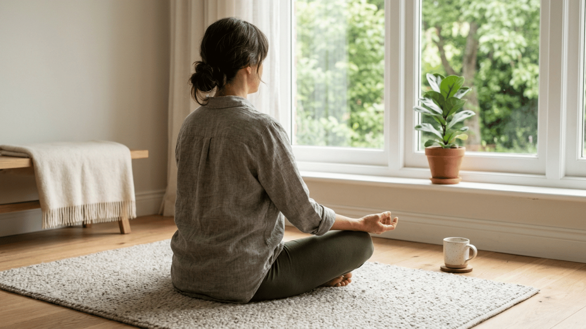 woman sitting calmly by a sunlit window practicing a grounding exercise to stop OCD thoughts naturally