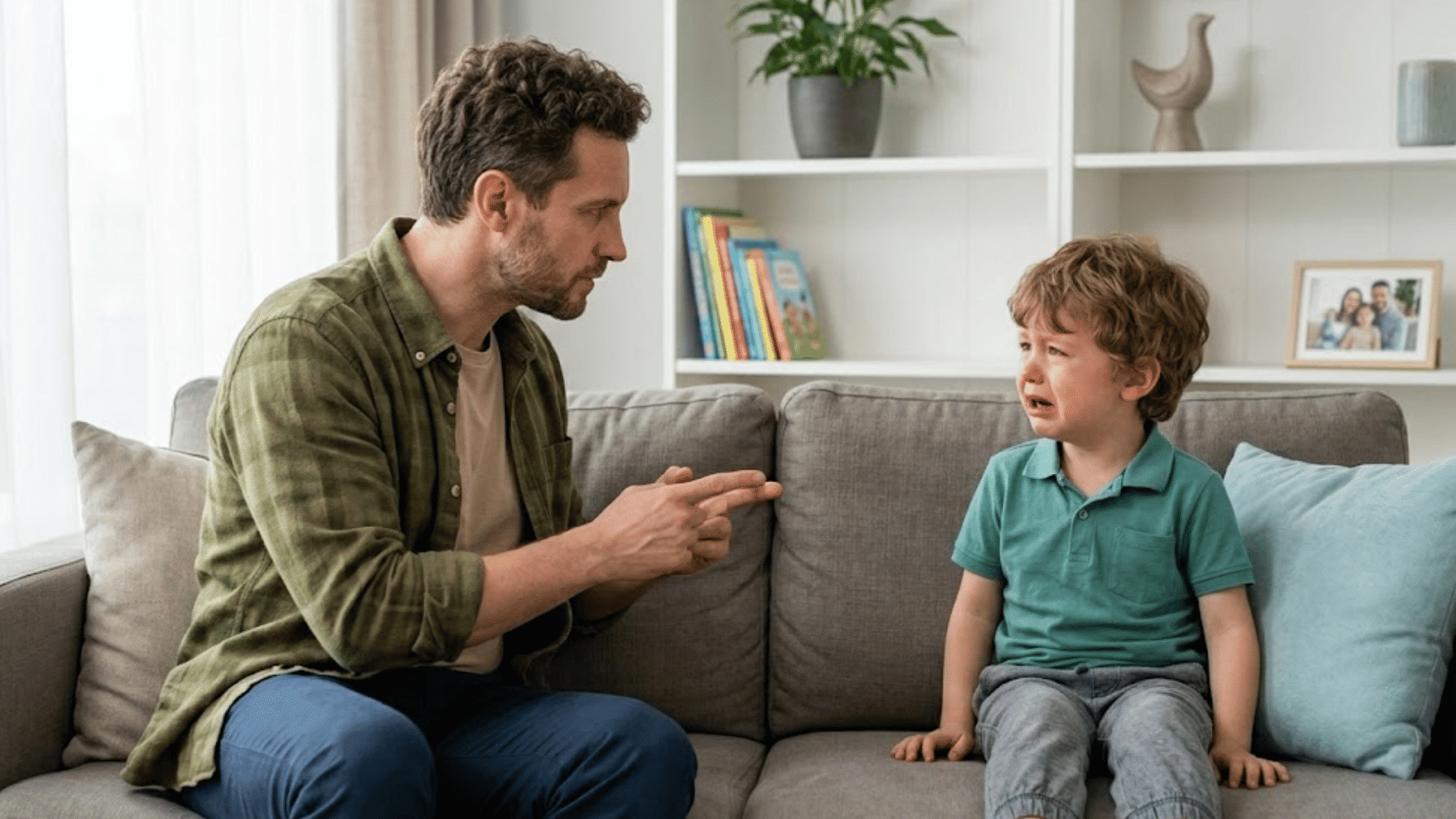 father talking with upset young son on couch during an emotional family conversation