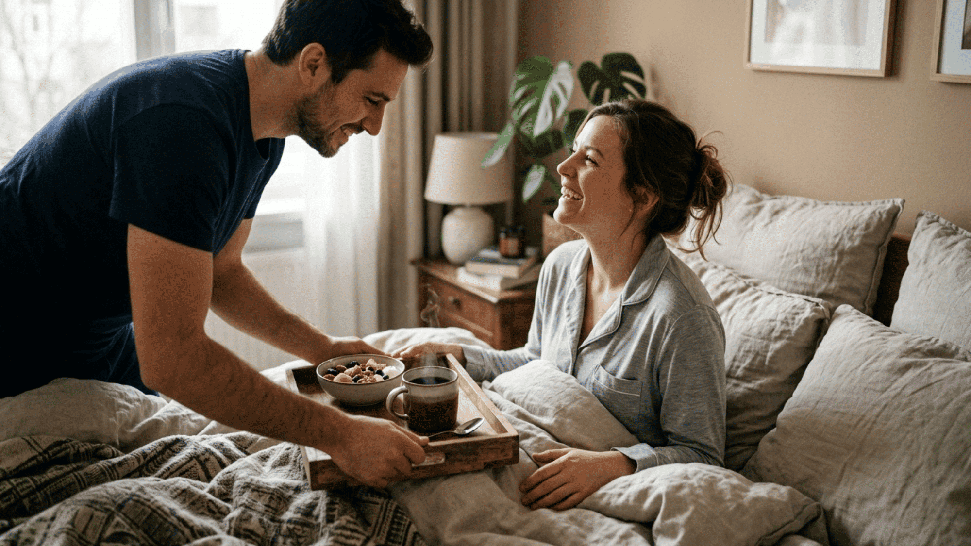 man serving breakfast and coffee in bed to his smiling partner showing a thoughtful acts of service love language
