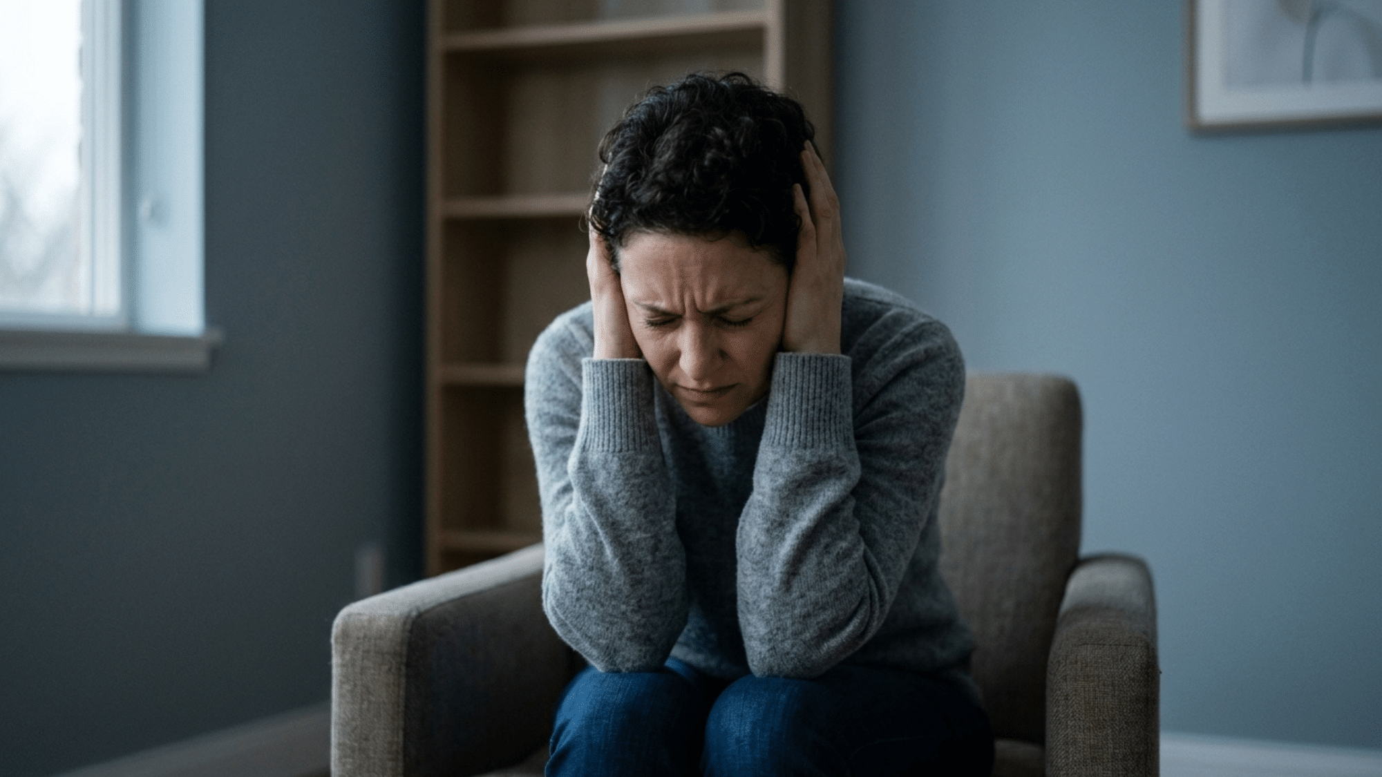 person with schizophrenia covering ears and showing distress in a quiet indoor setting