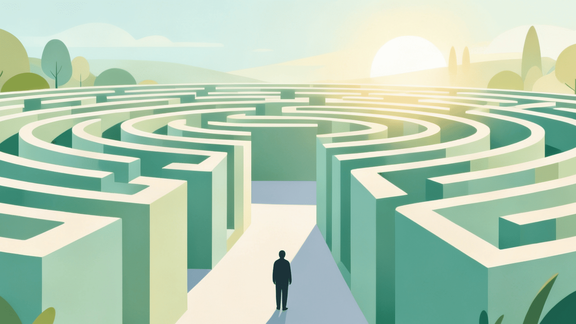illustration of a person standing at the entrance of a maze path leading toward a sunrise, symbolizing the search for purpose in life
