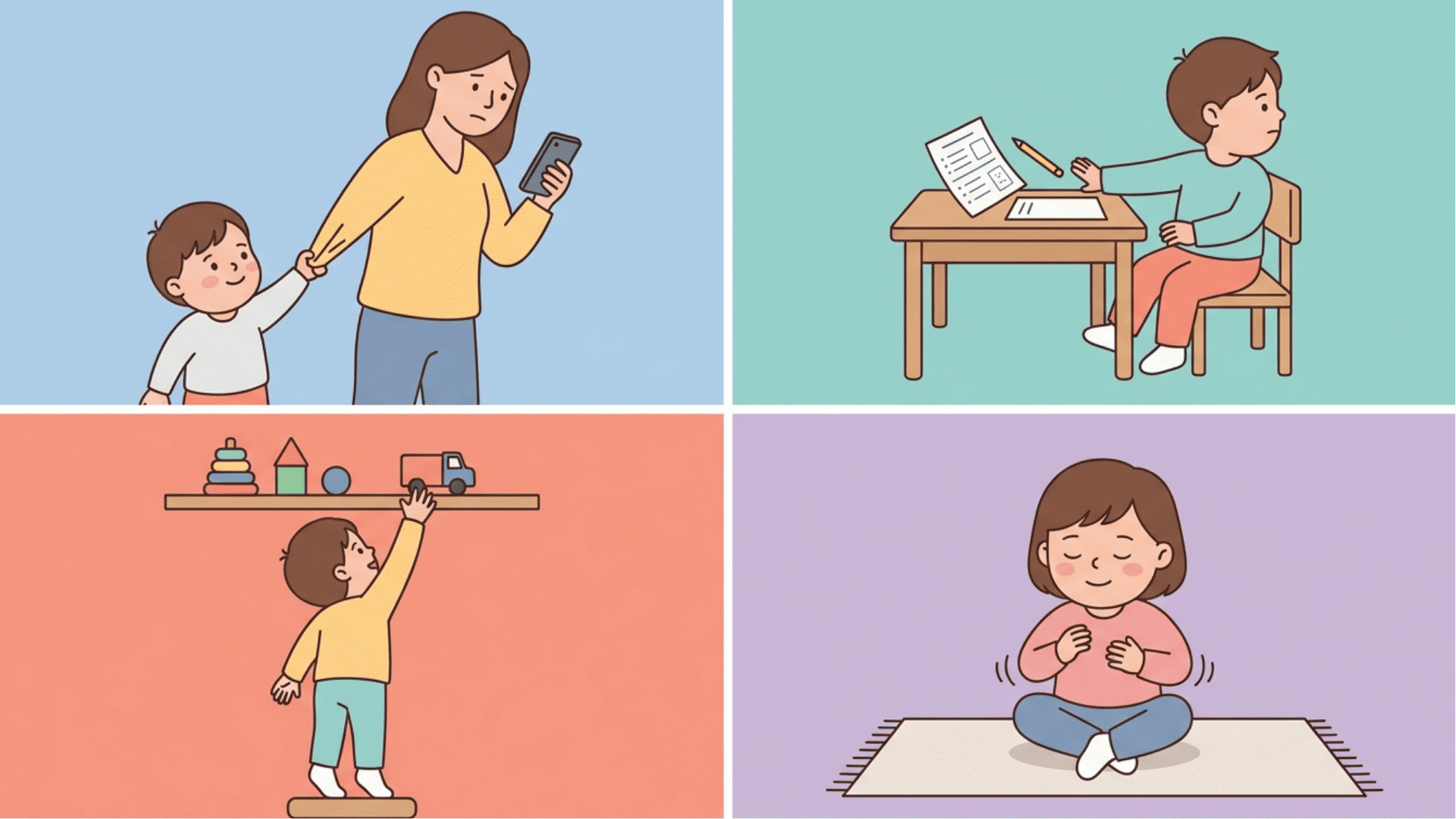 illustration collage showing the four functions of behavior attention escape tangible and sensory