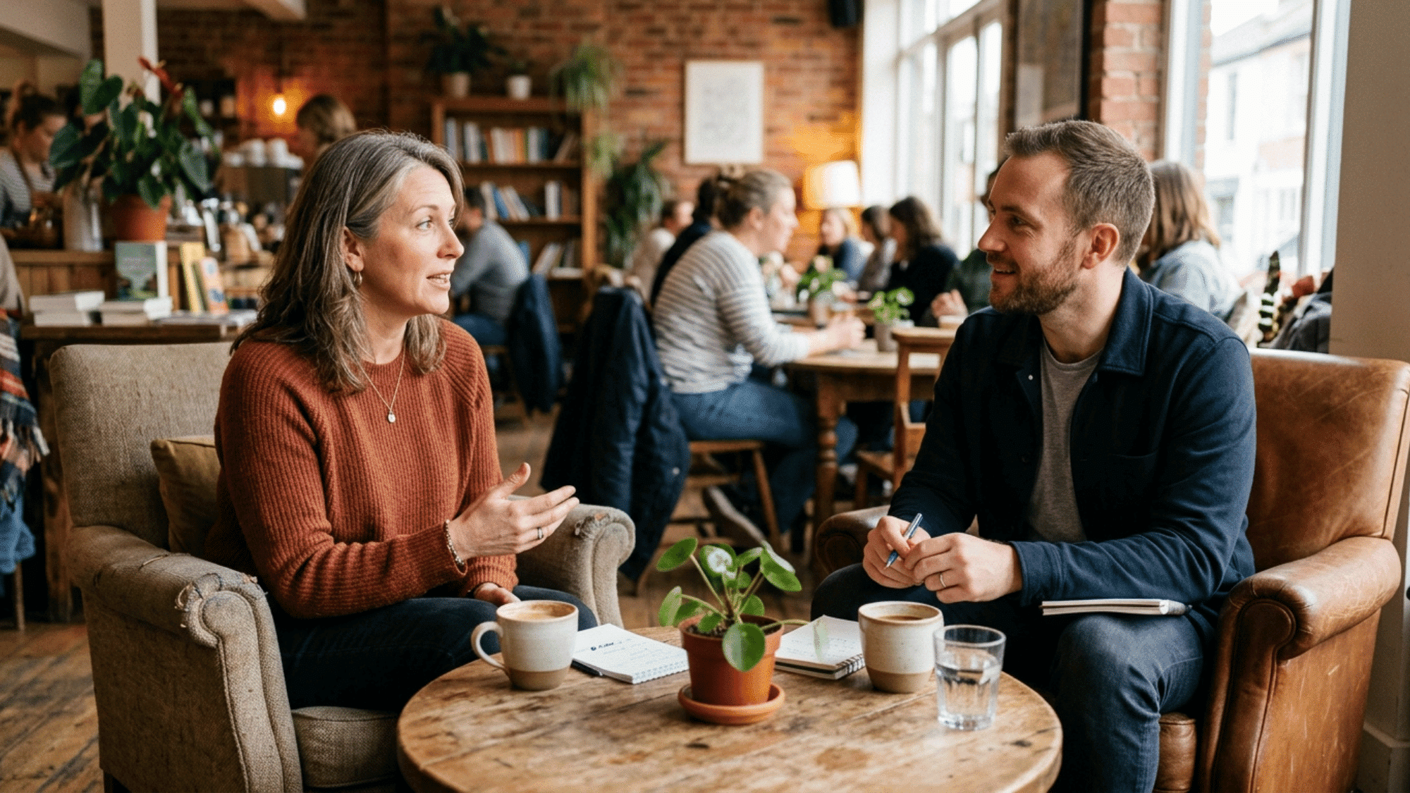 two adults having a thoughtful coaching conversation over coffee in a relaxed and supportive setting